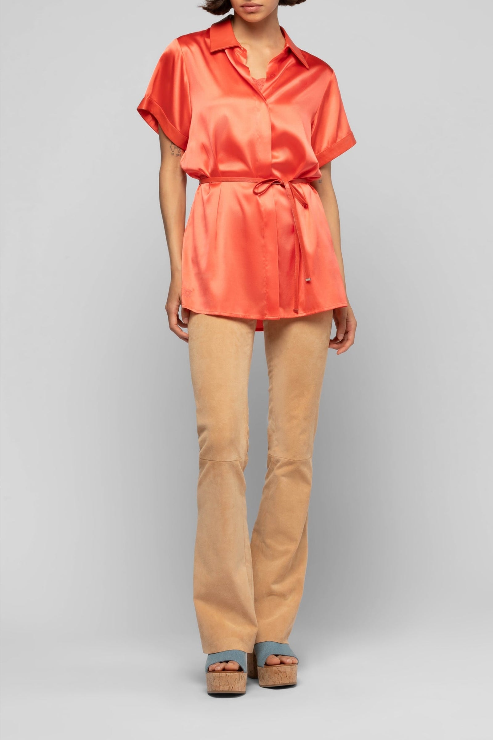 Langelika loose silk shirt with belt - Corail