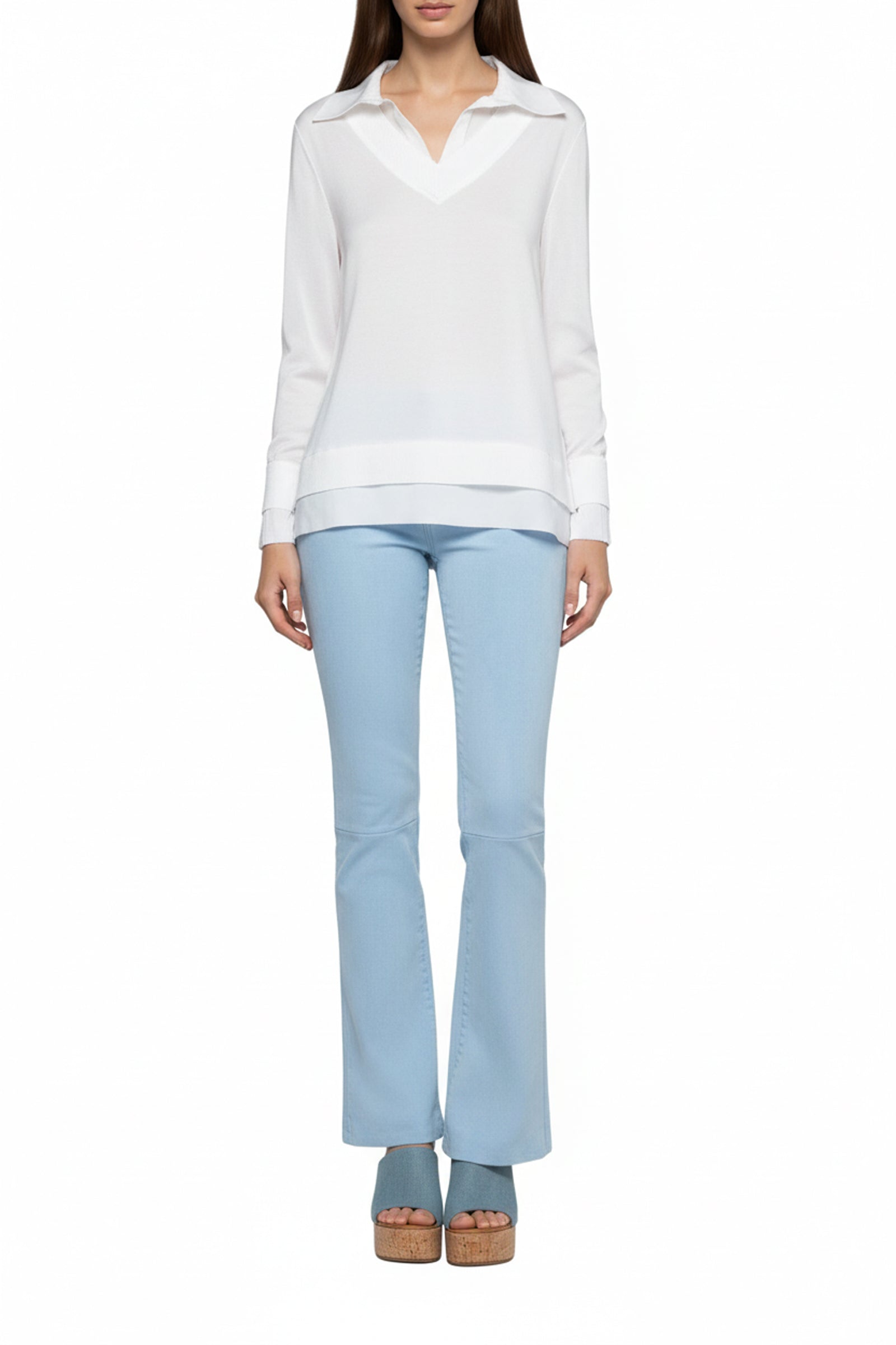 Pamel long-sleeved jumper with silk shirt collar - White