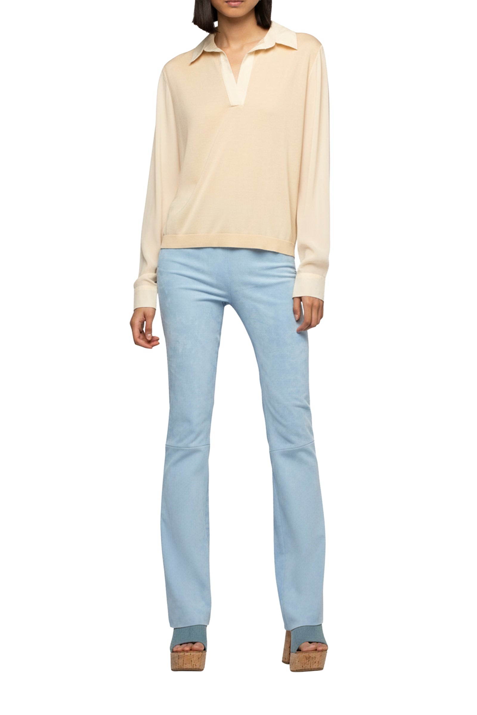 Long-sleeved knitted and silk Panny polo jumper - Beige