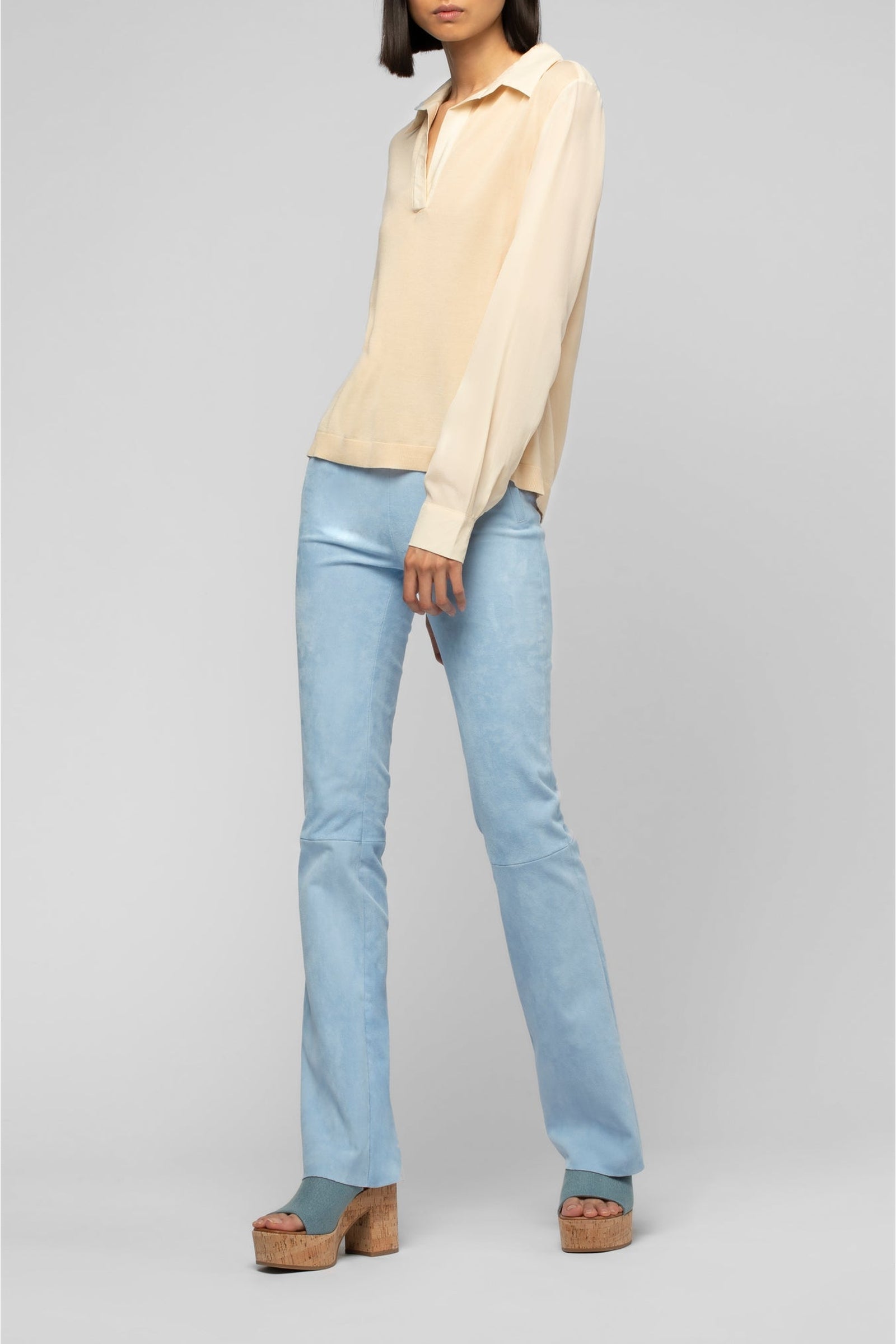 Long-sleeved knitted and silk Panny polo jumper - Beige