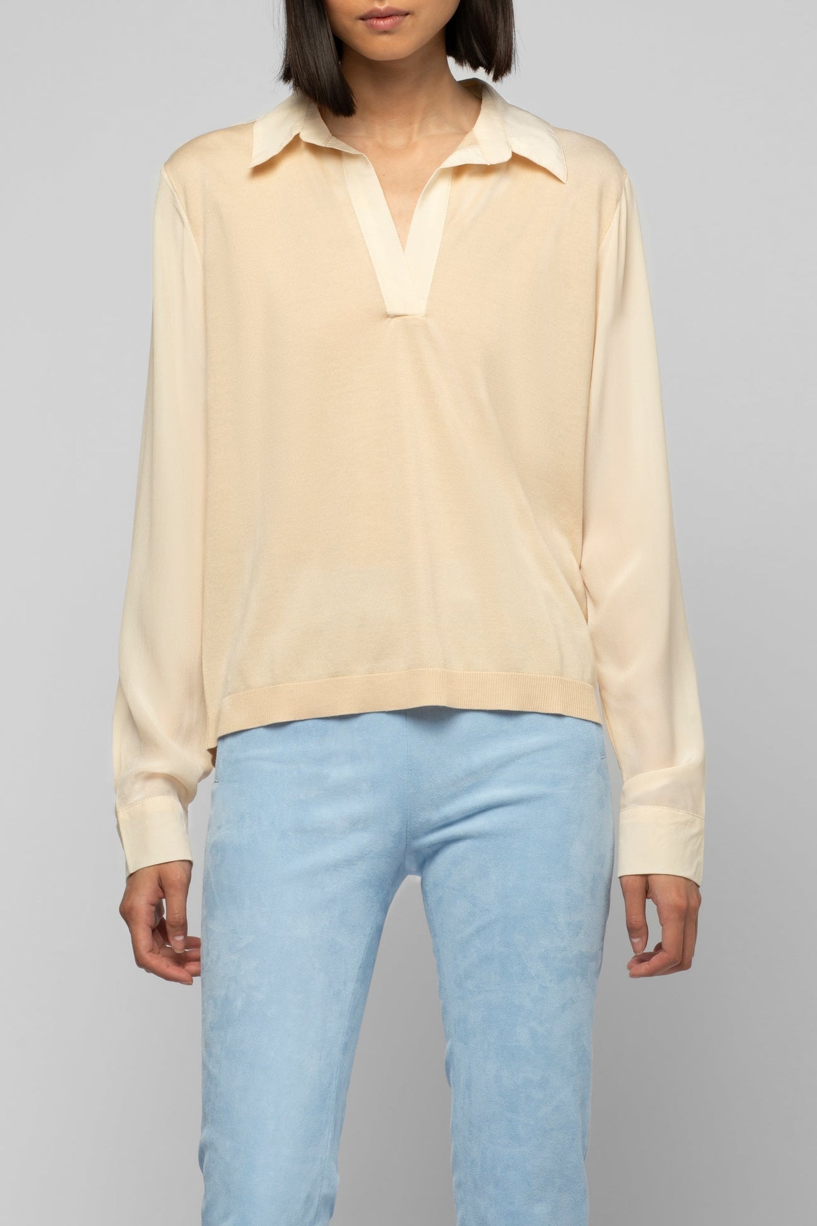 Long-sleeved knitted and silk Panny polo jumper - Beige