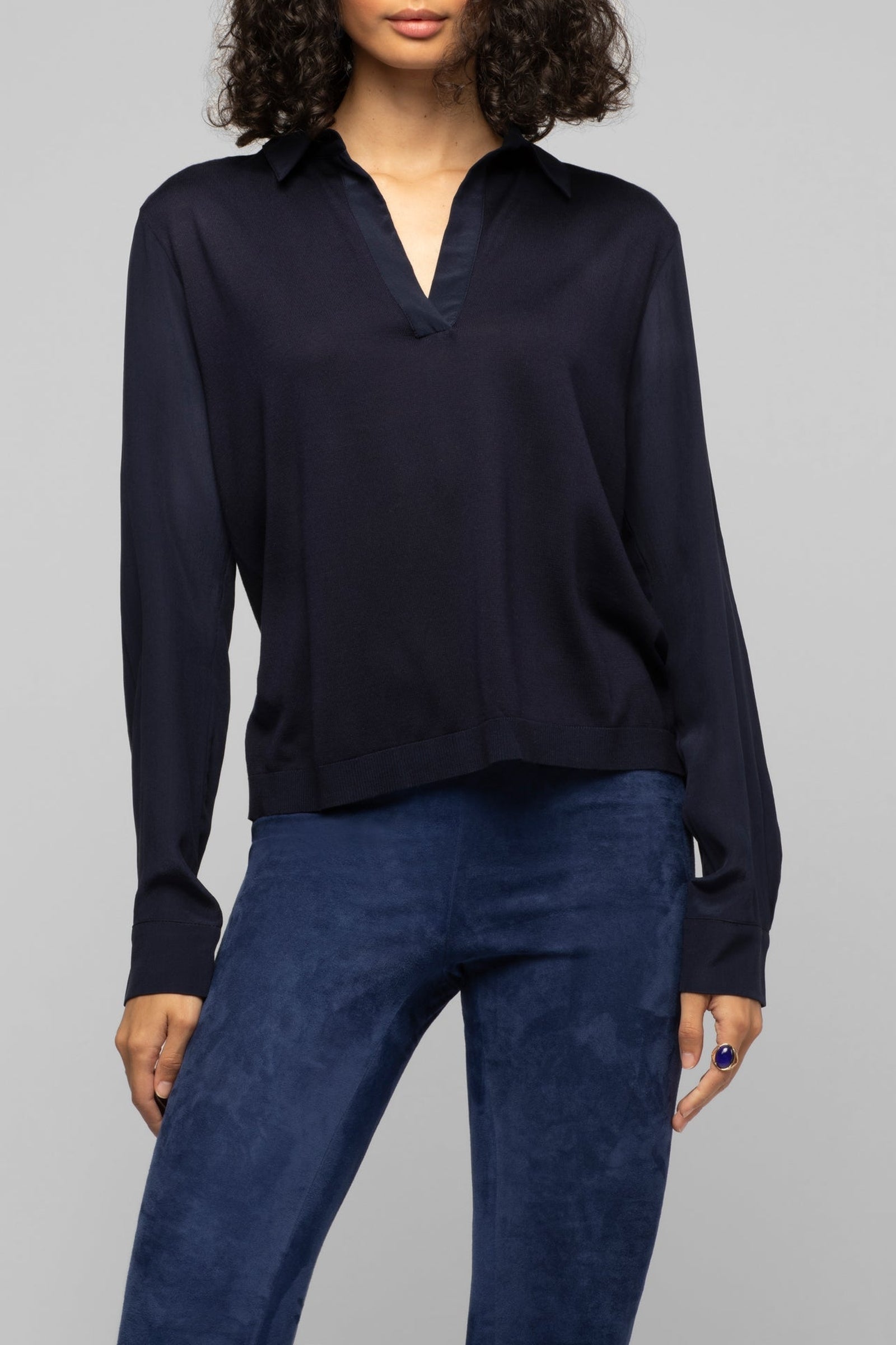 Long-sleeved knitted and silk Panny polo jumper - Navy