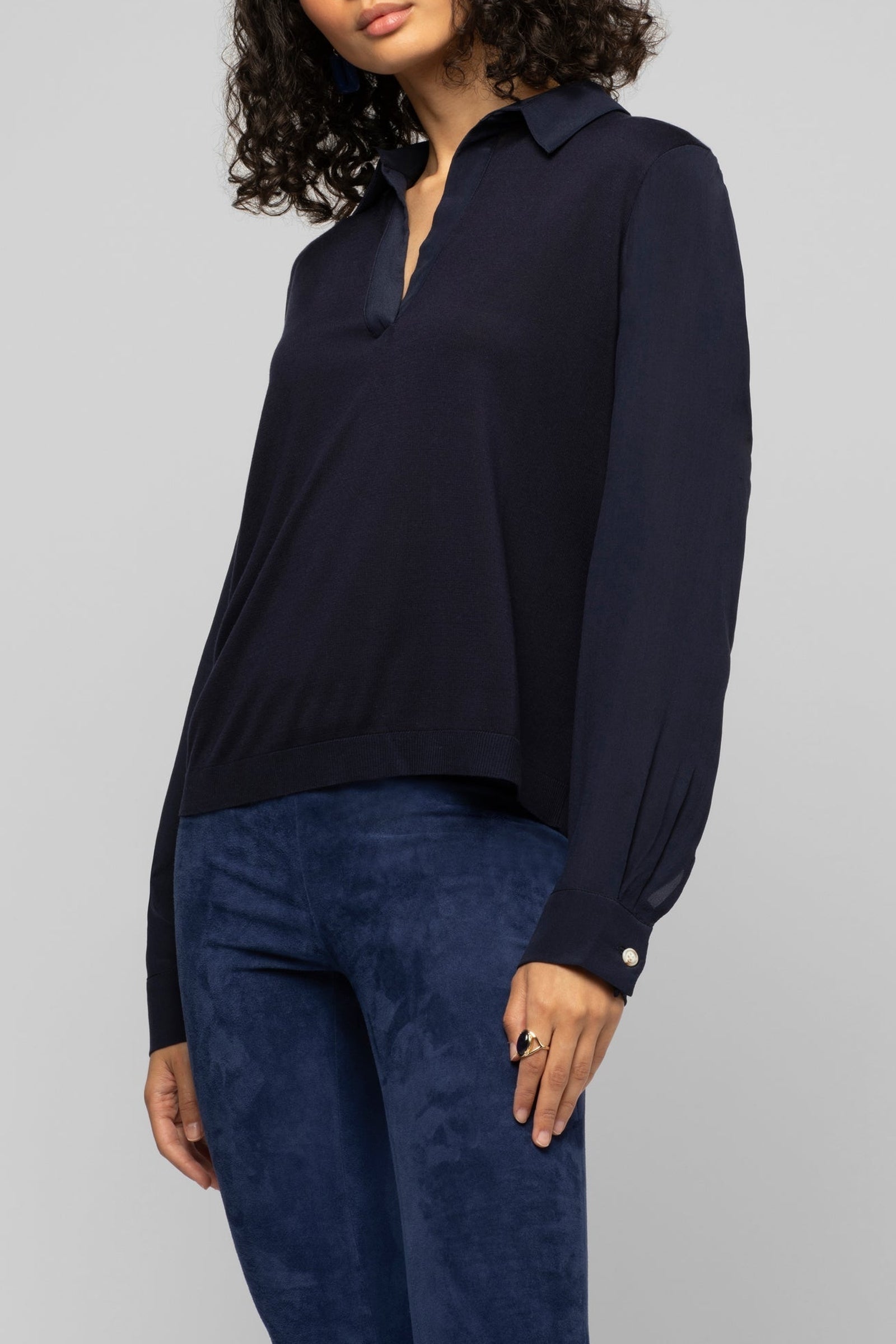 Long-sleeved knitted and silk Panny polo jumper - Navy