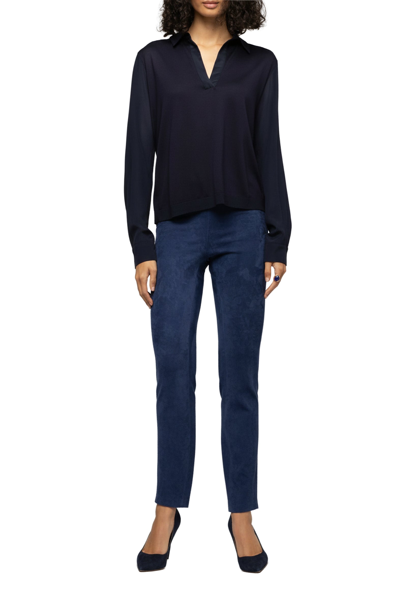 Long-sleeved knitted and silk Panny polo jumper - Navy