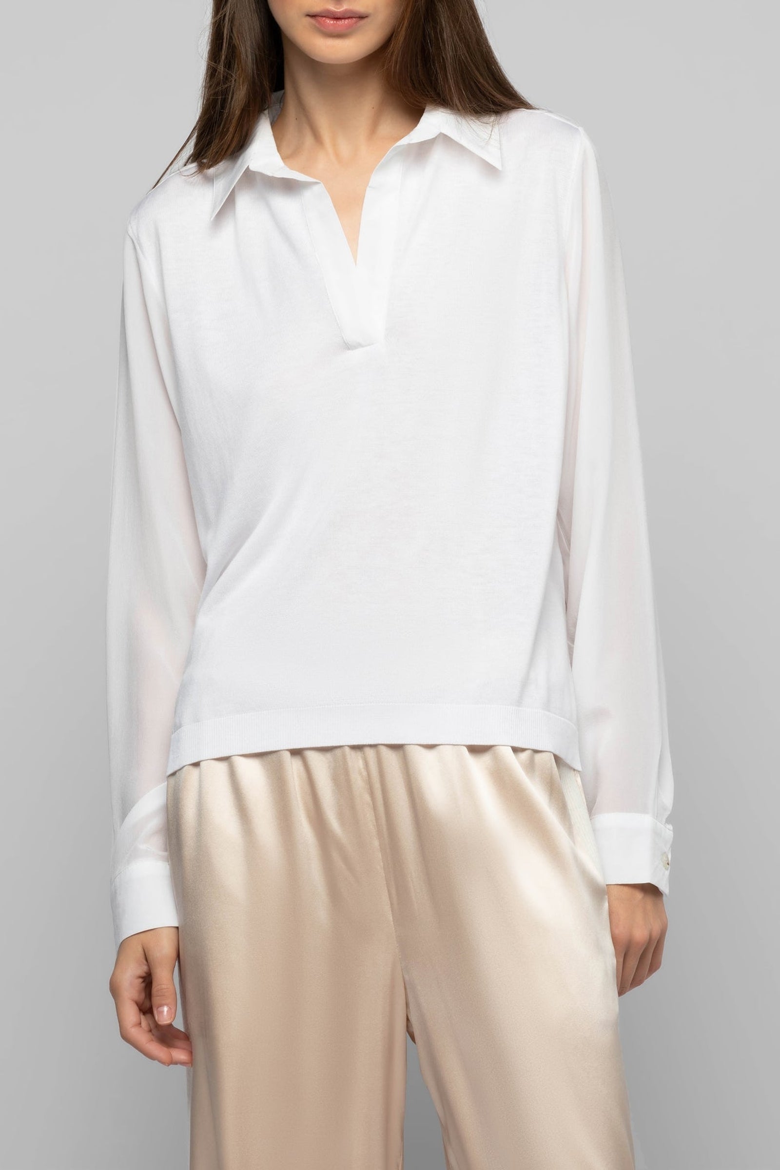 Long-sleeved knitted and silk Panny polo jumper - White