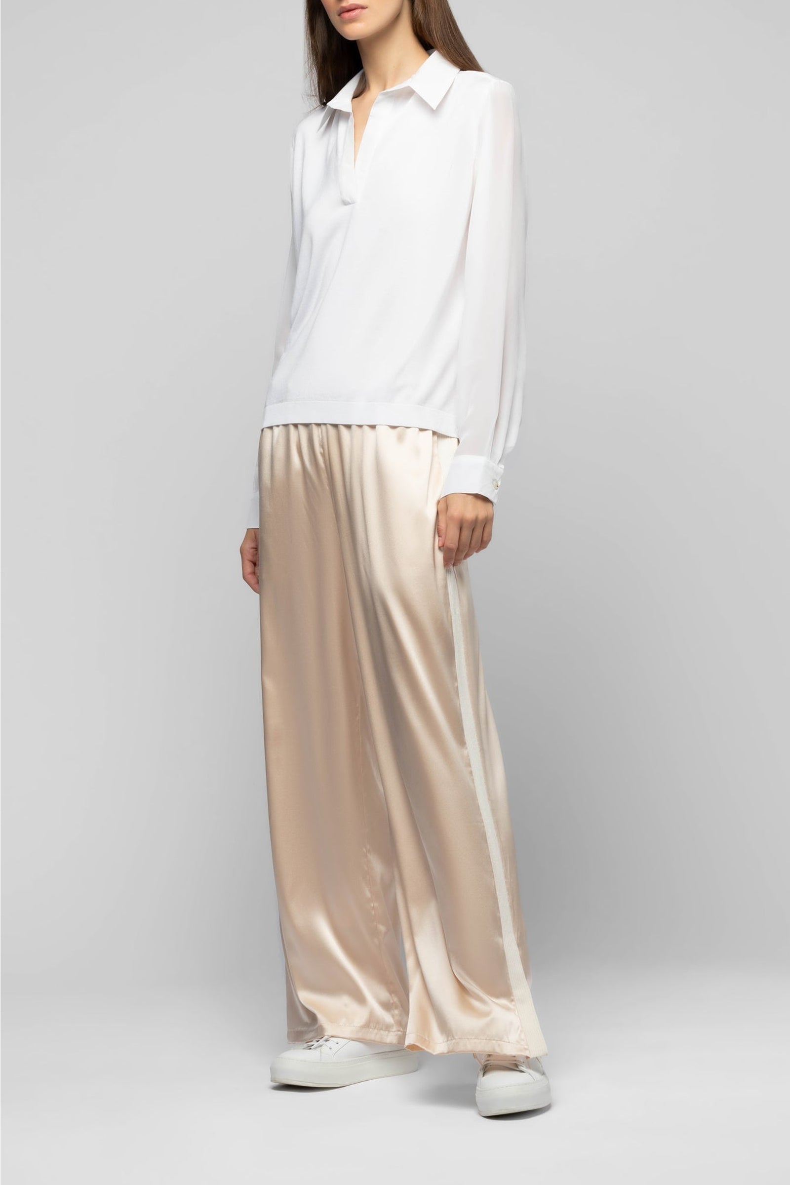 Long-sleeved knitted and silk Panny polo jumper - White