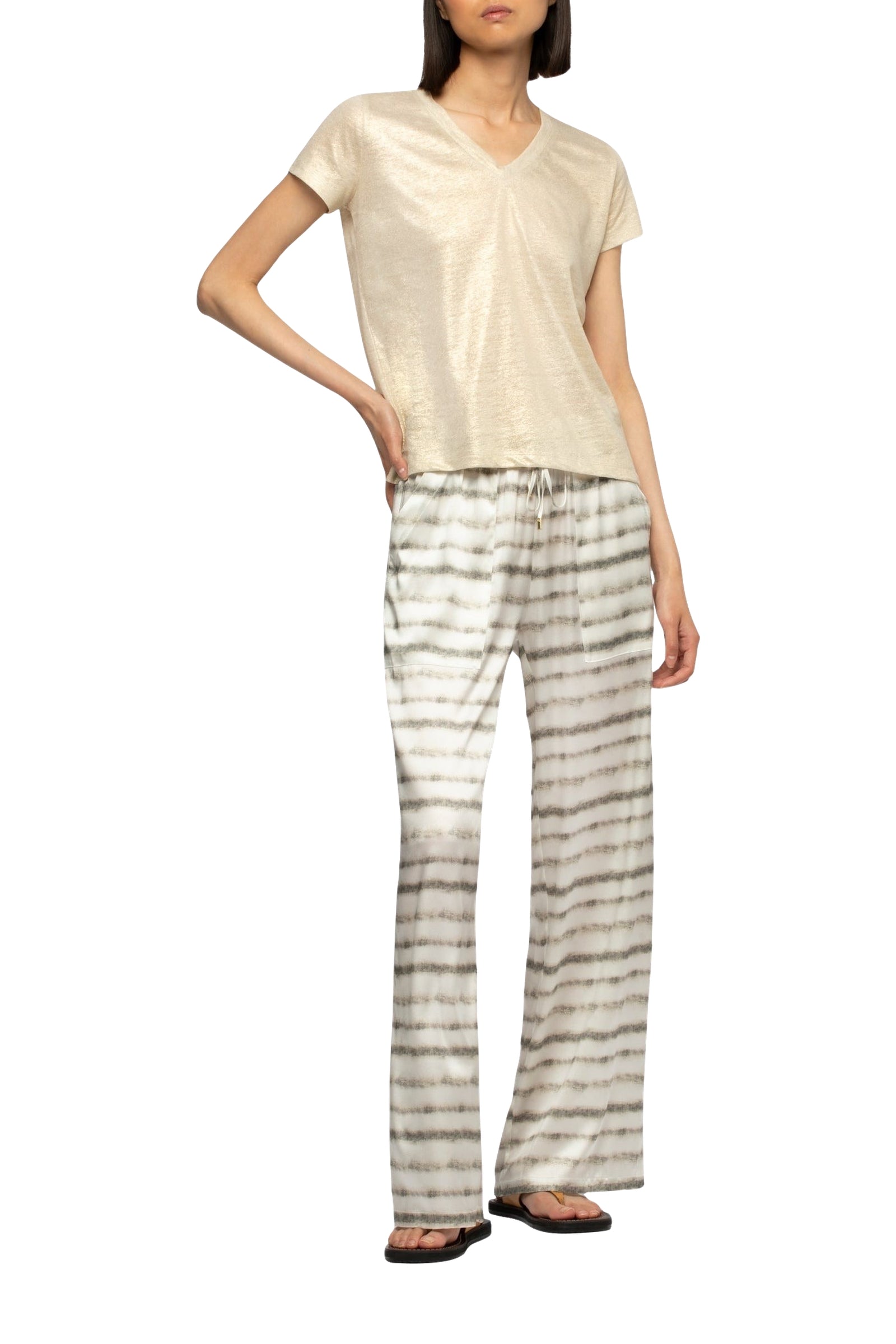 Tokyo V-neck T-shirt in iridescent linen twill - Beige