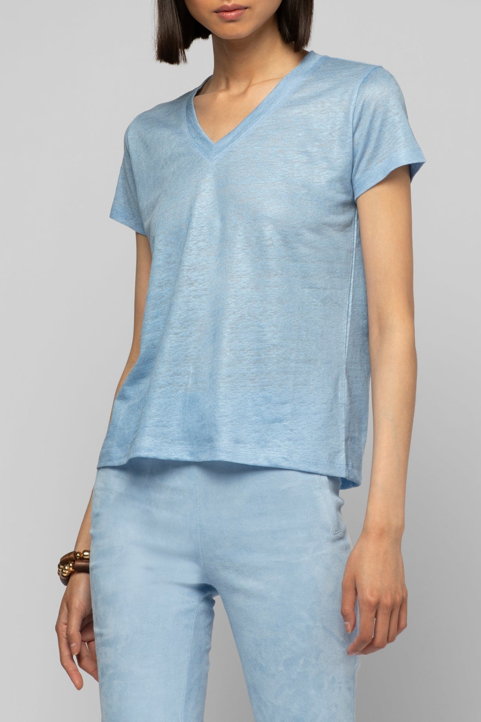 Tokyo V-neck linen twill T-shirt - Ciel