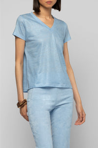 Tokyo V-neck linen twill T-shirt - Ciel