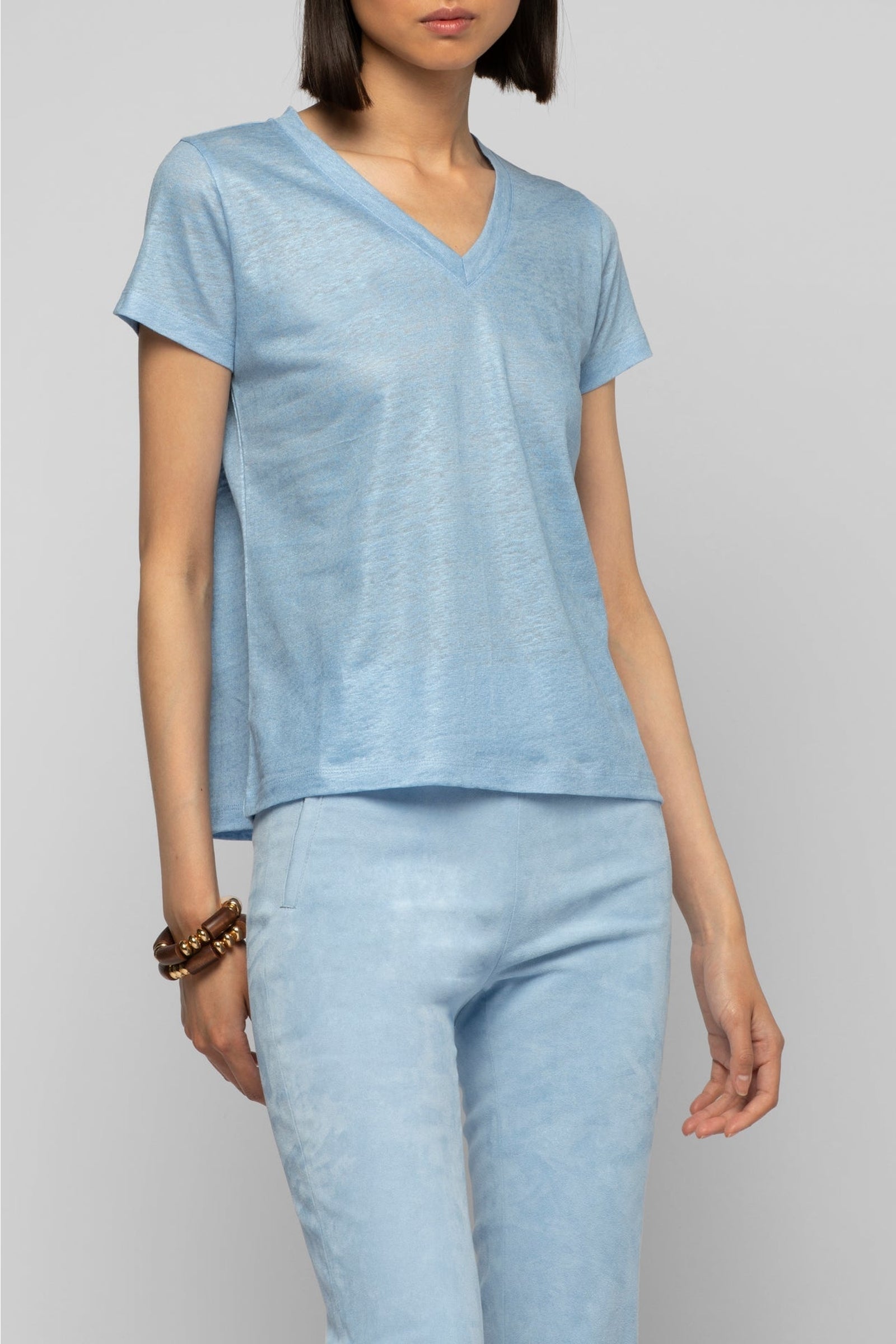 Tokyo V-neck linen twill T-shirt - Ciel