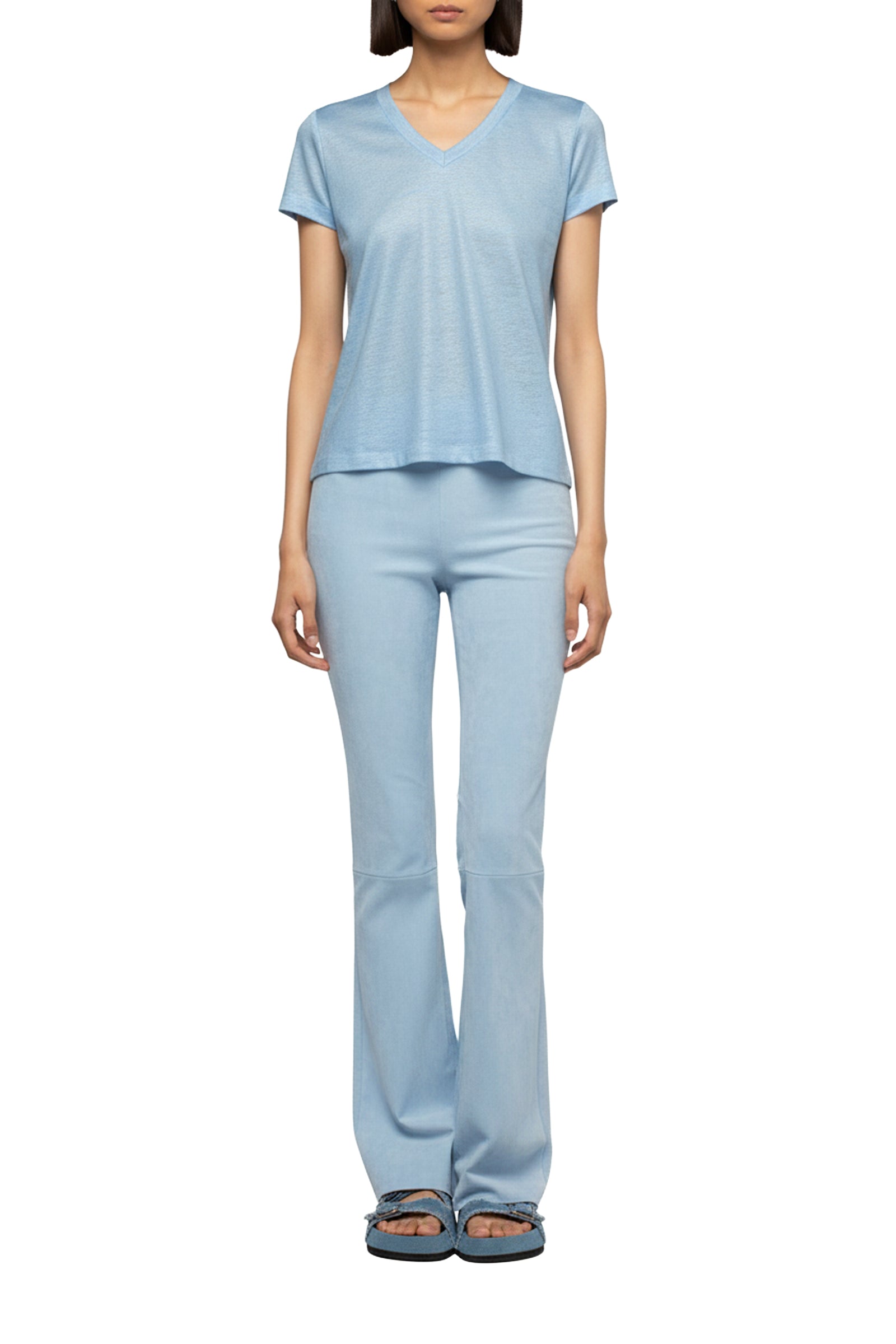 Tokyo V-neck linen twill T-shirt - Ciel