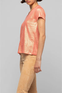 Iridescent linen twill V-neck Tokyo T-shirt - Coral