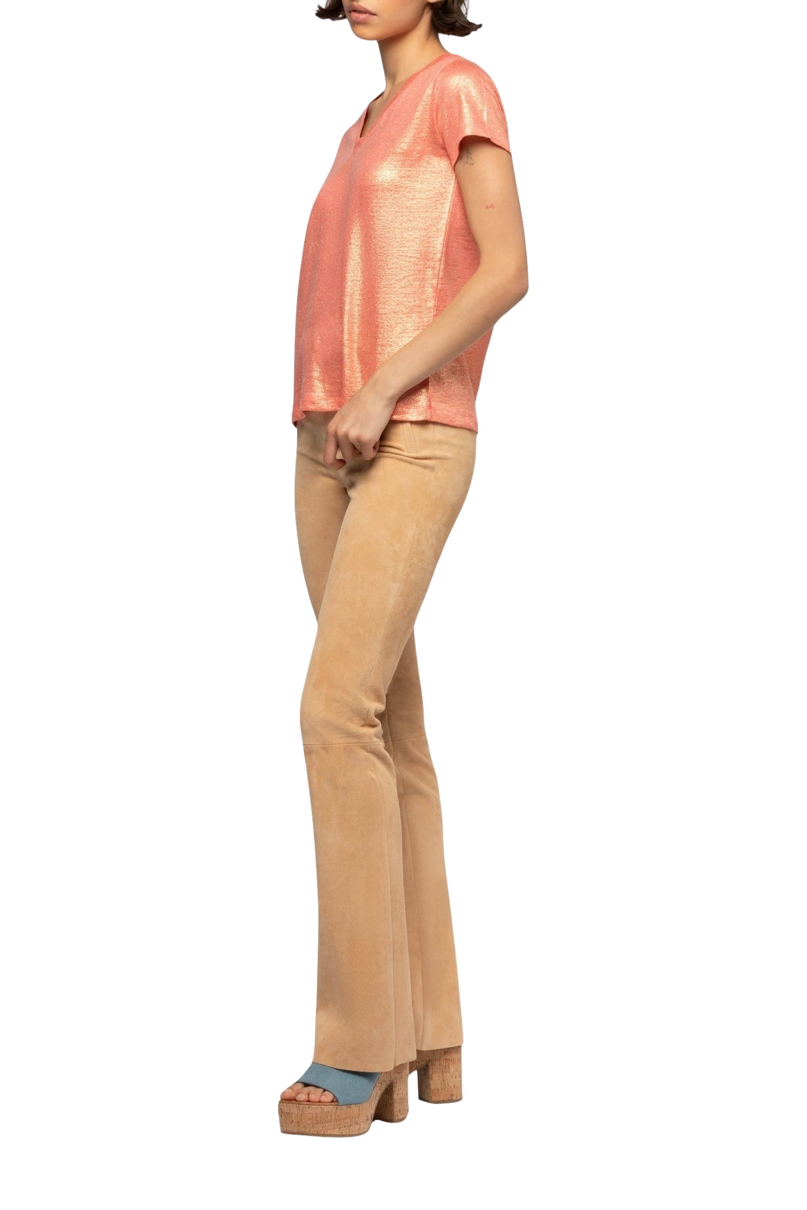 Iridescent linen twill V-neck Tokyo T-shirt - Coral