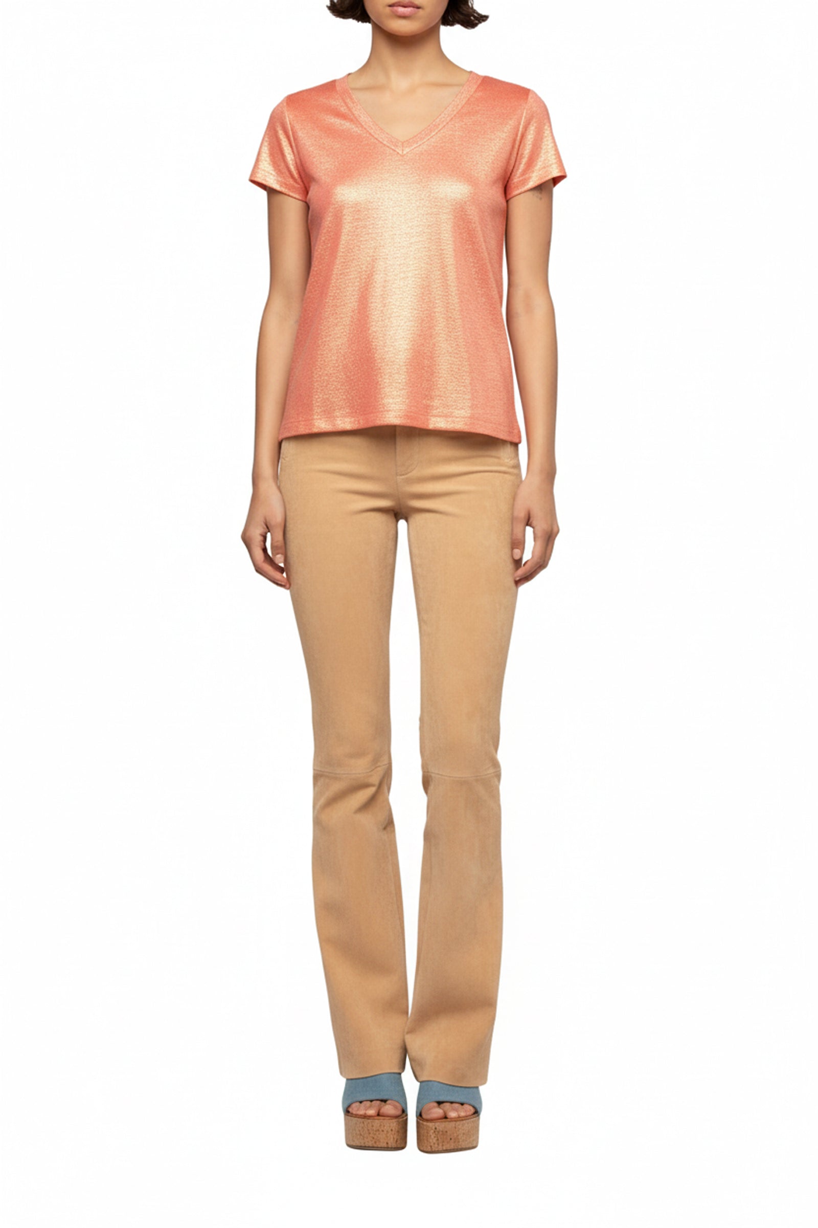 Iridescent linen twill V-neck Tokyo T-shirt - Coral