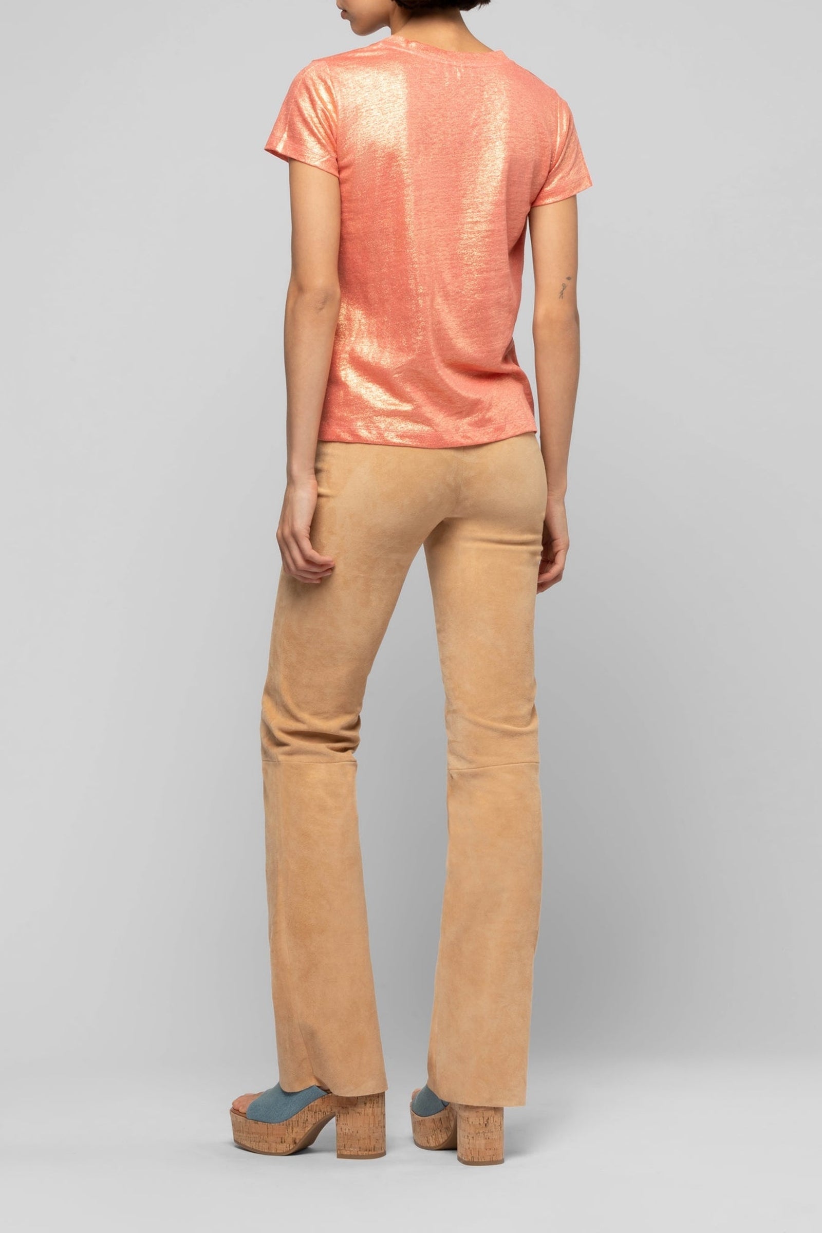 Iridescent linen twill V-neck Tokyo T-shirt - Coral