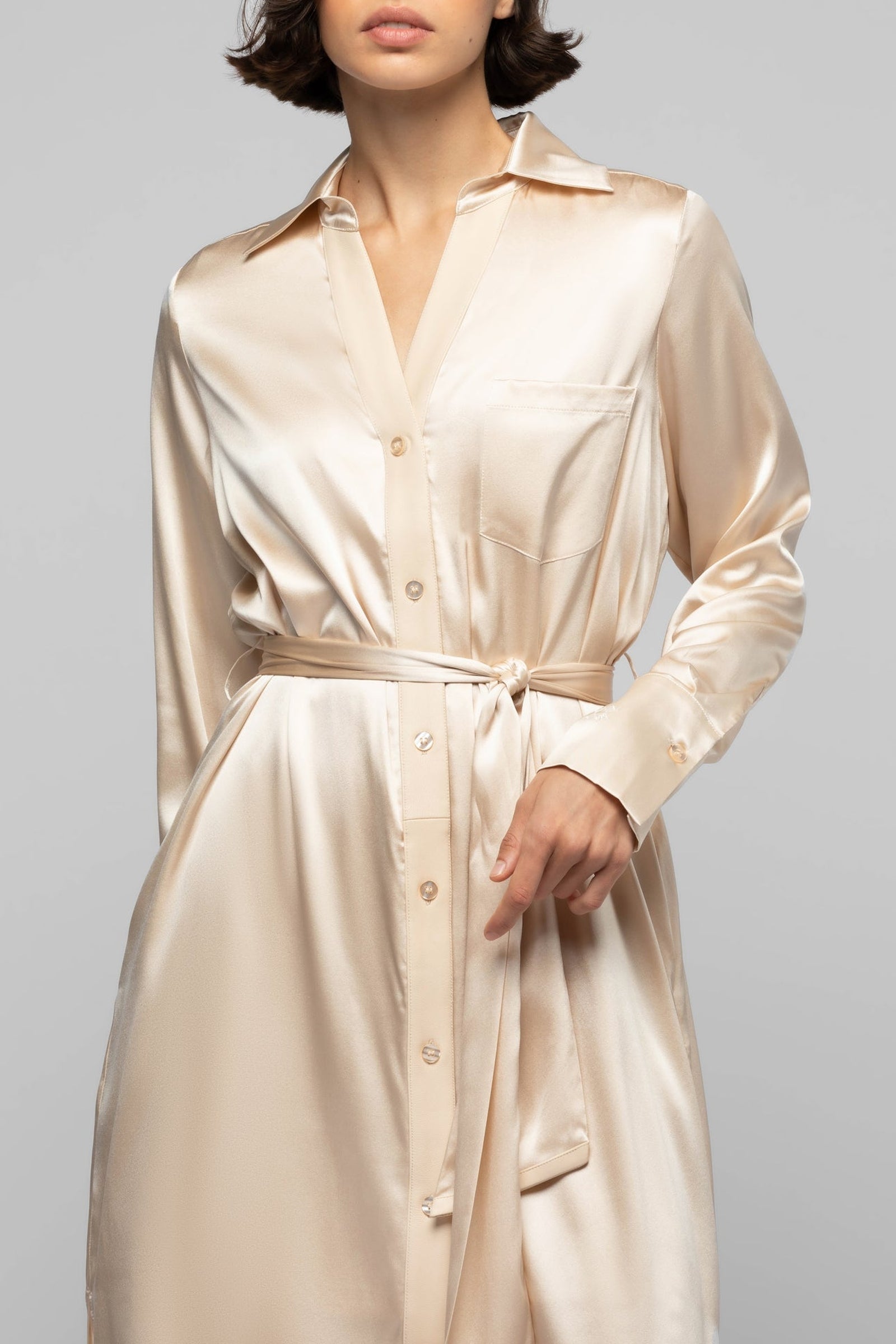 Raesa silk shirt dress with leather details - Beige