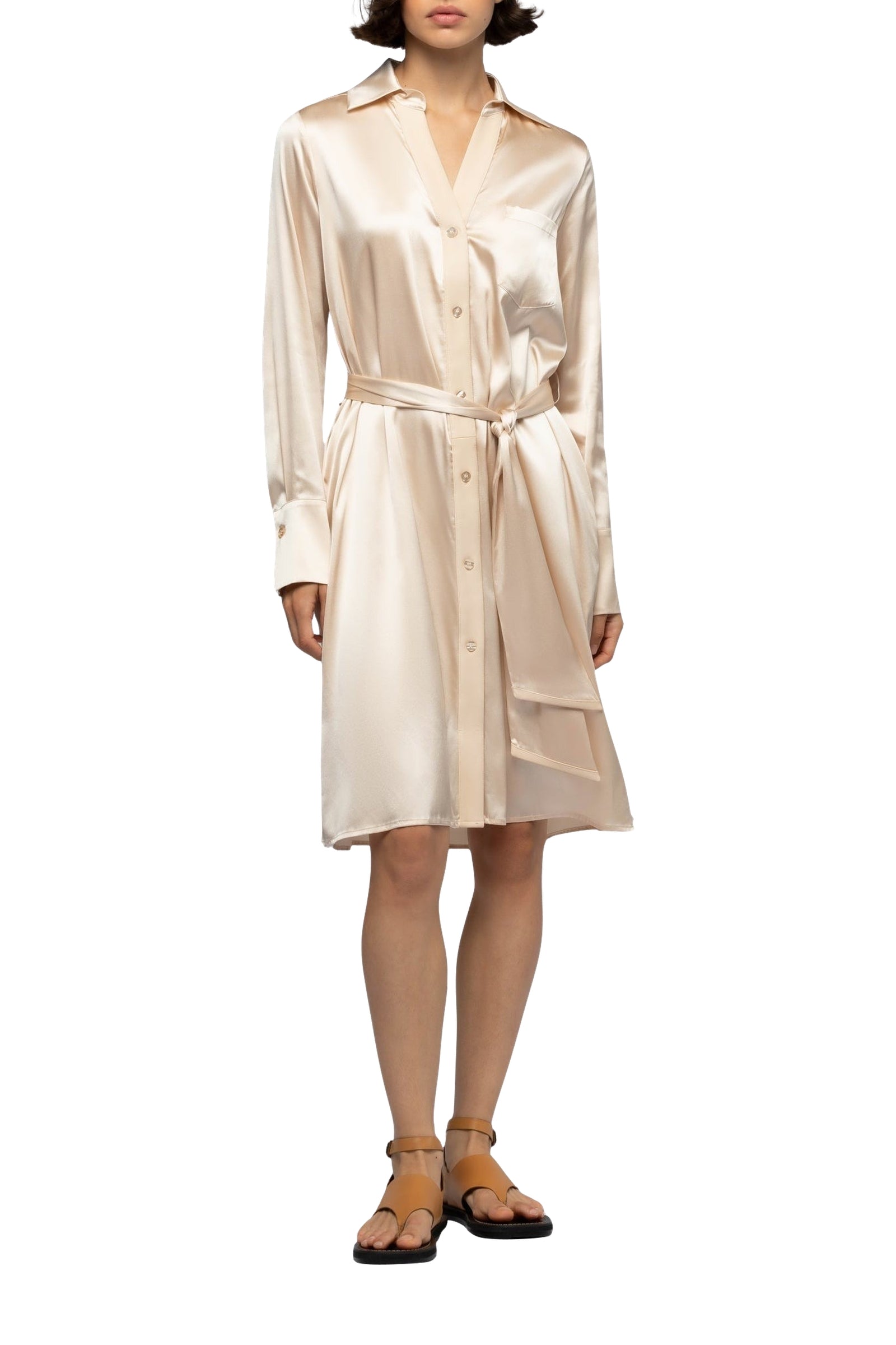 Raesa silk shirt dress with leather details - Beige