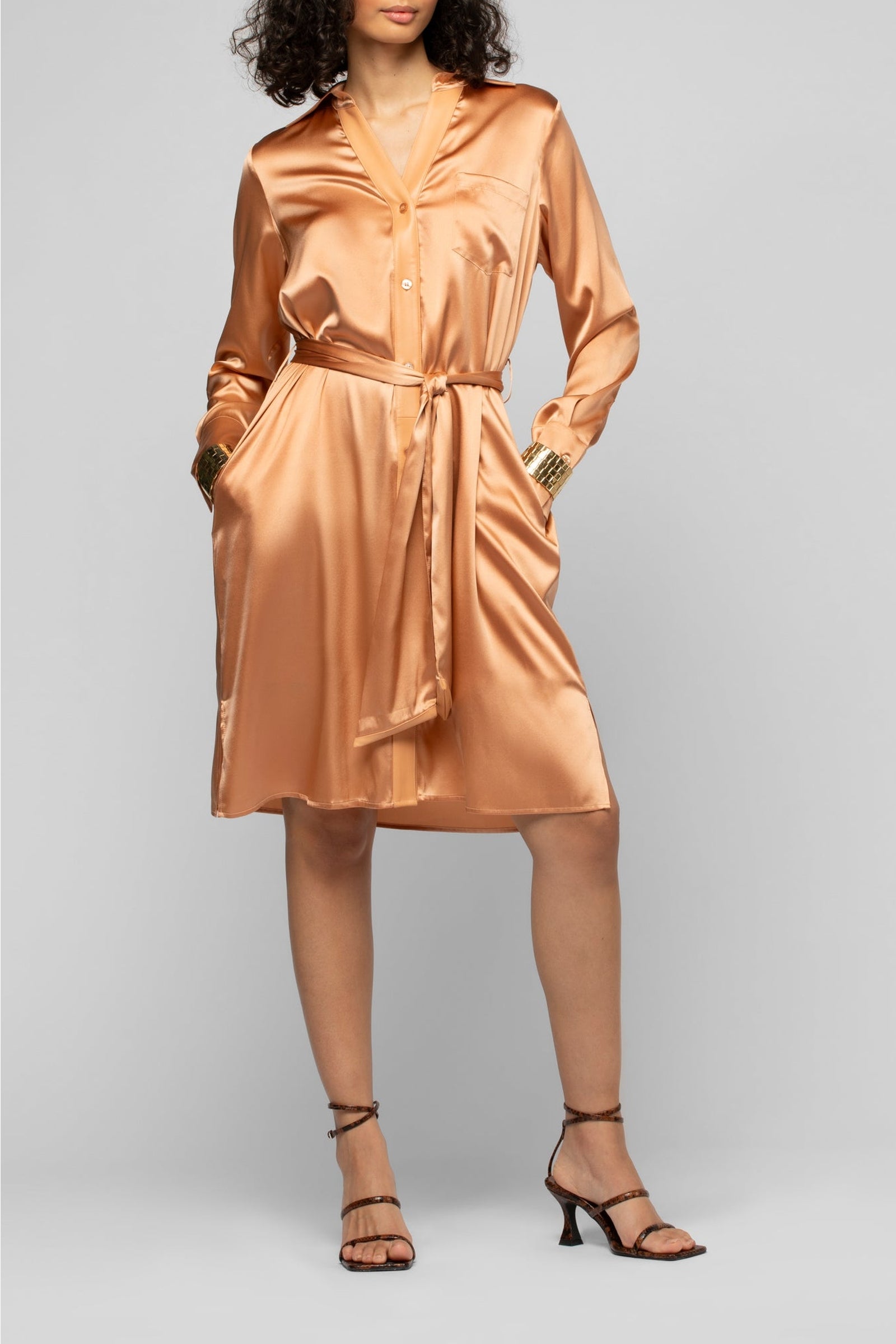 Raesa silk shirt dress with leather details - Camel