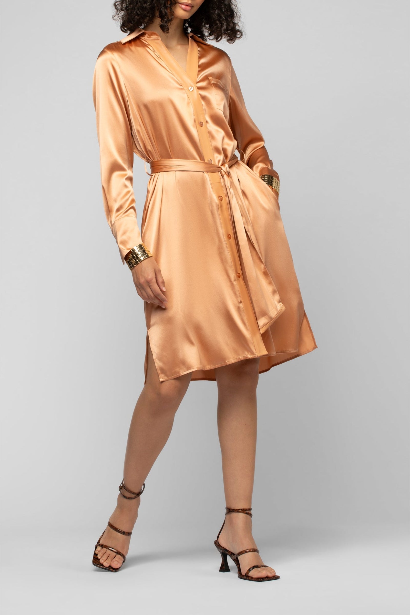 Raesa silk shirt dress with leather details - Camel