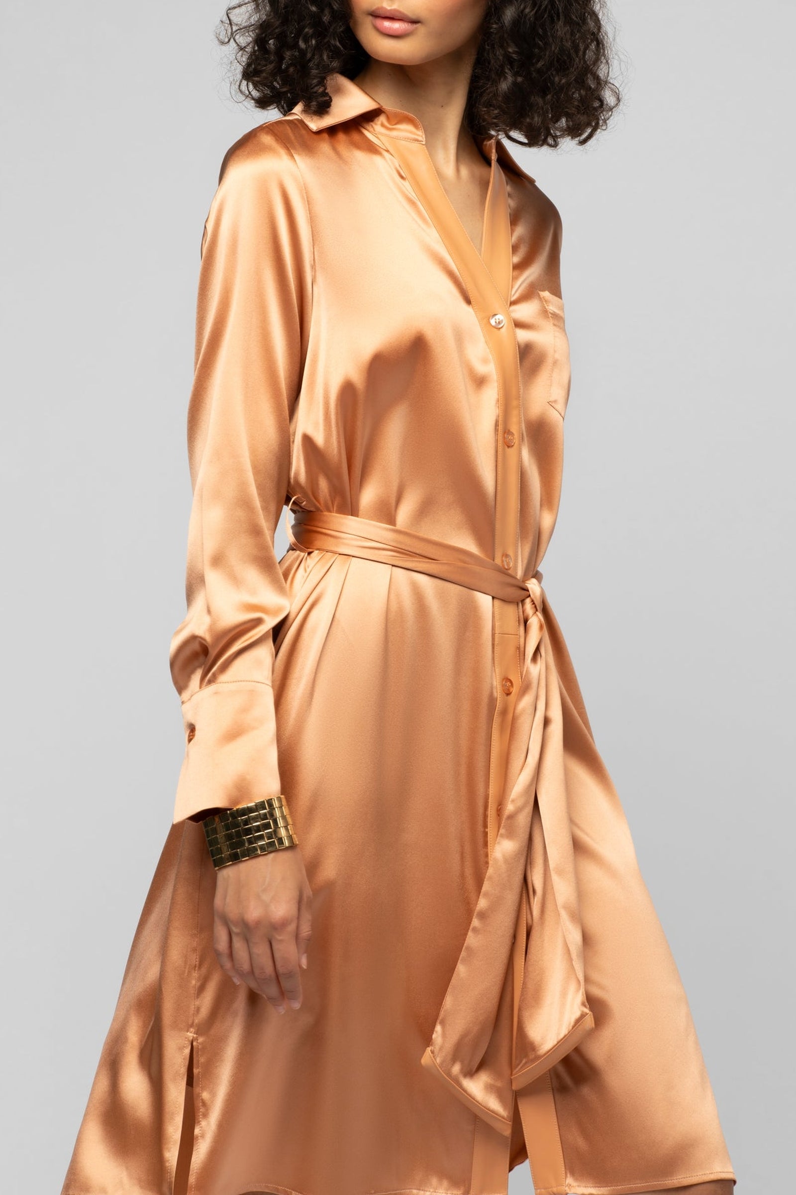 Raesa silk shirt dress with leather details - Camel
