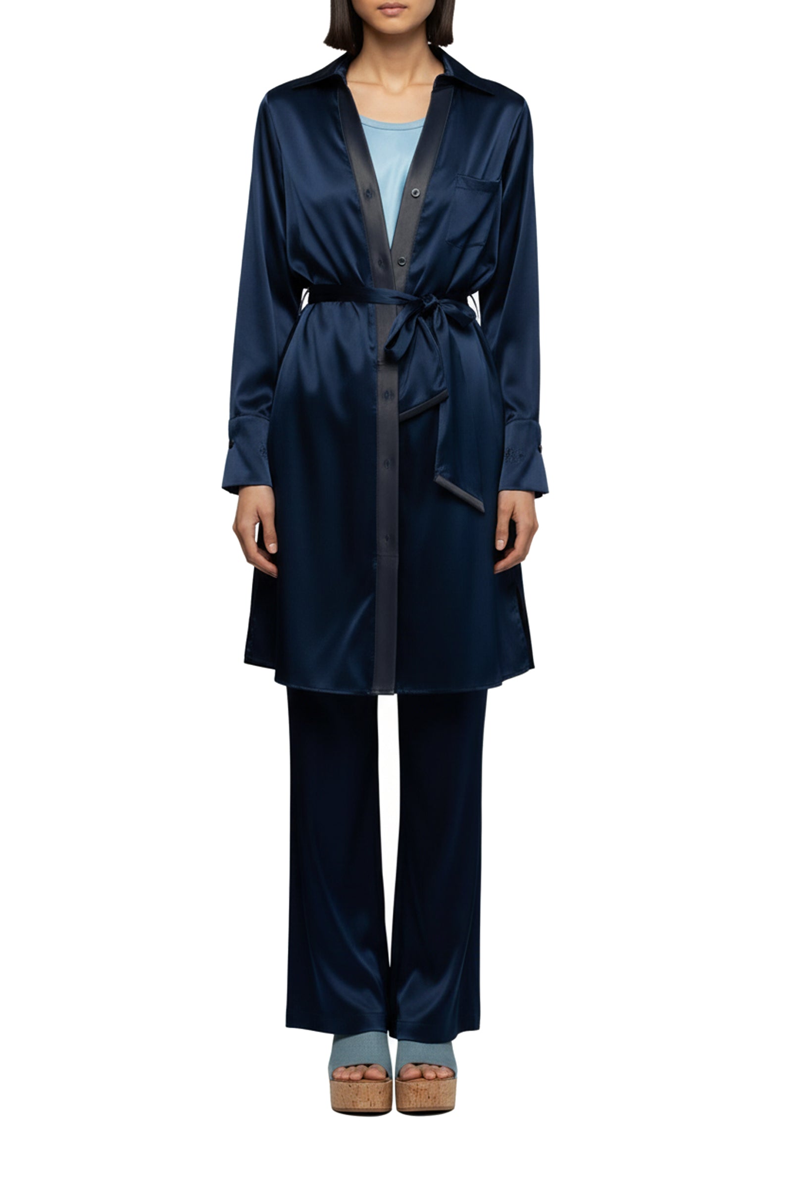 Raesa silk shirt dress with leather details - Navy