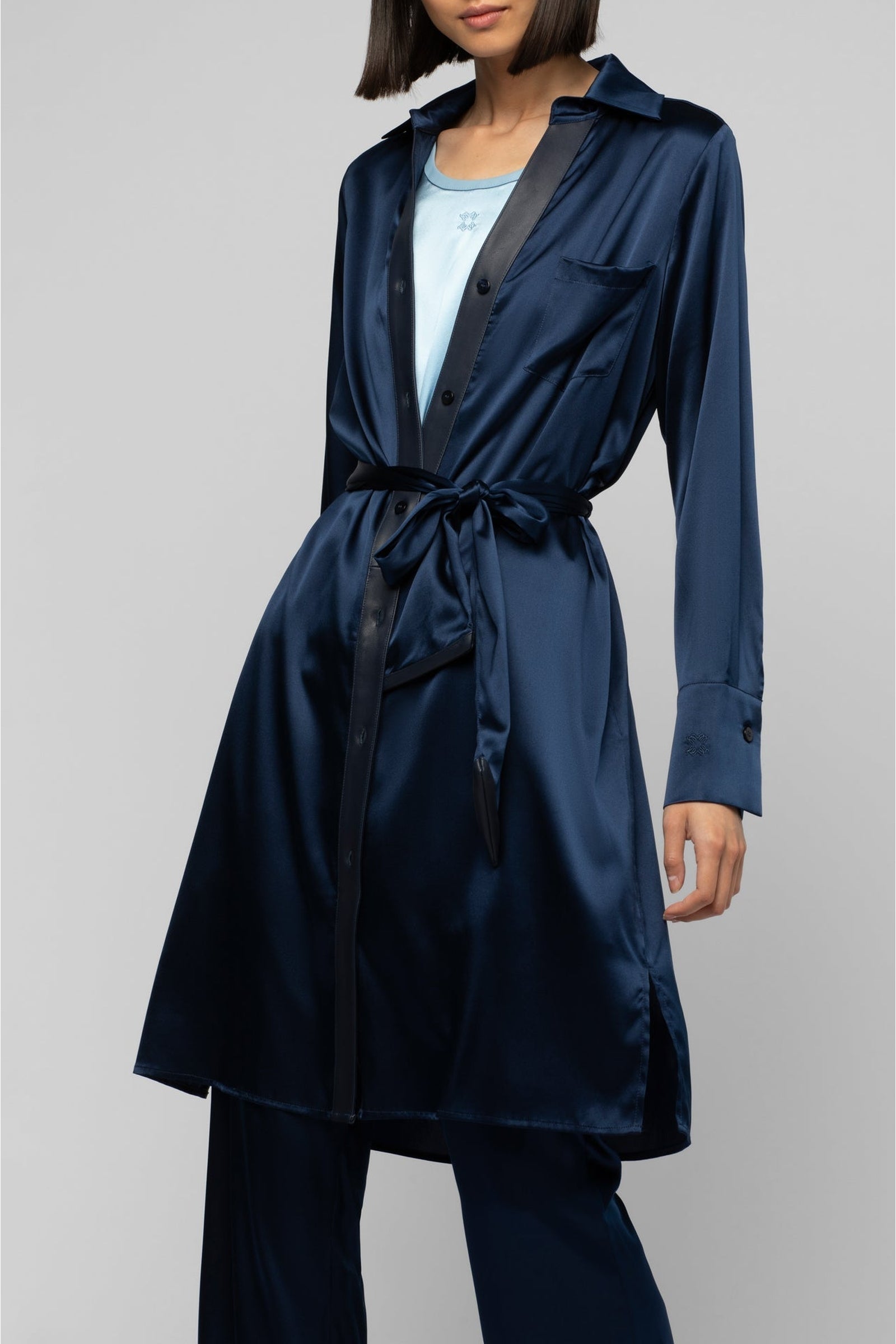 Raesa silk shirt dress with leather details - Navy