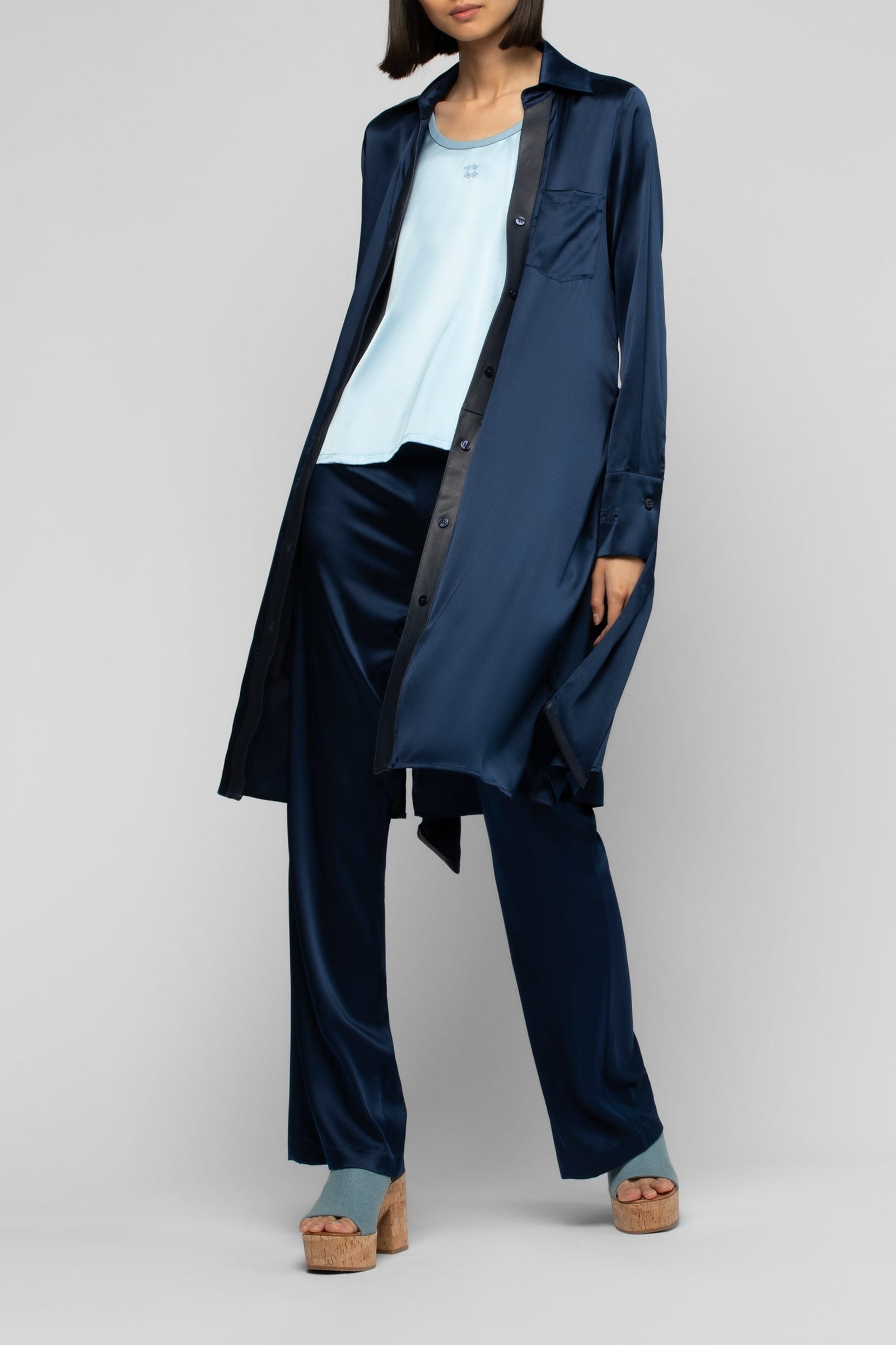 Raesa silk shirt dress with leather details - Navy