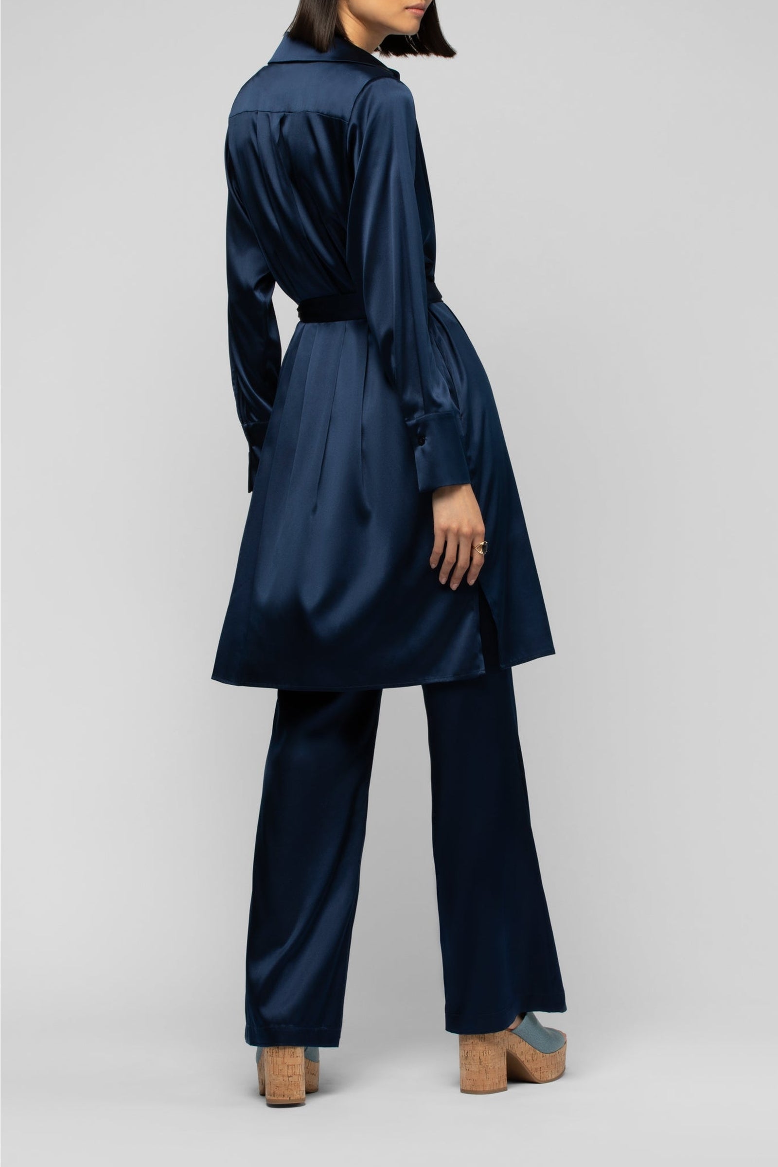Raesa silk shirt dress with leather details - Navy