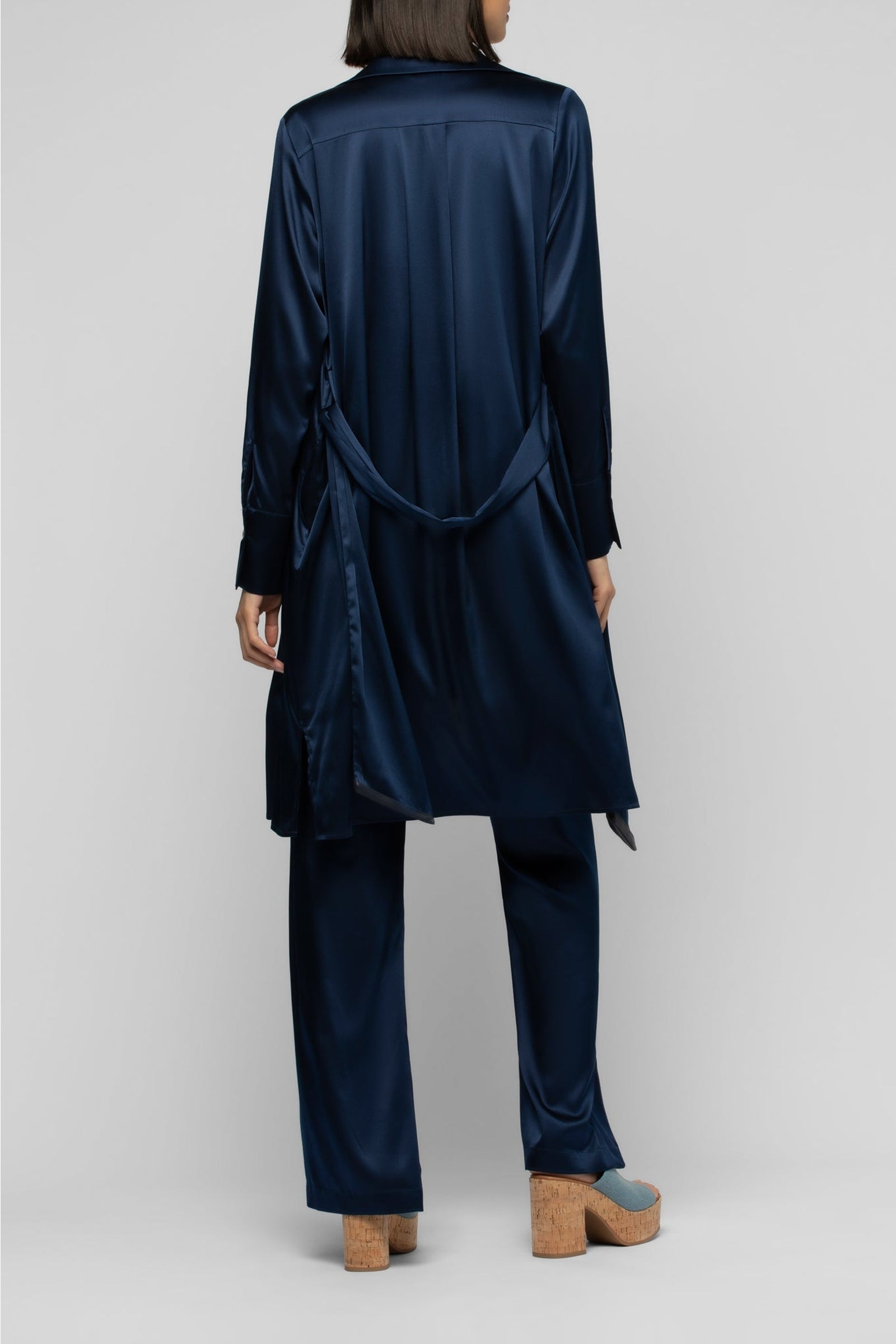 Raesa silk shirt dress with leather details - Navy
