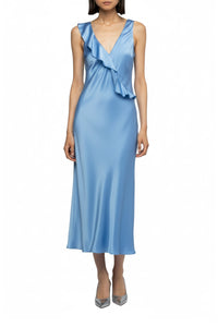 Rarthemis midi dress in silk with V-neck and ruffles - Denim