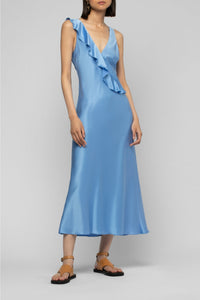 Rarthemis midi dress in silk with V-neck and ruffles - Denim