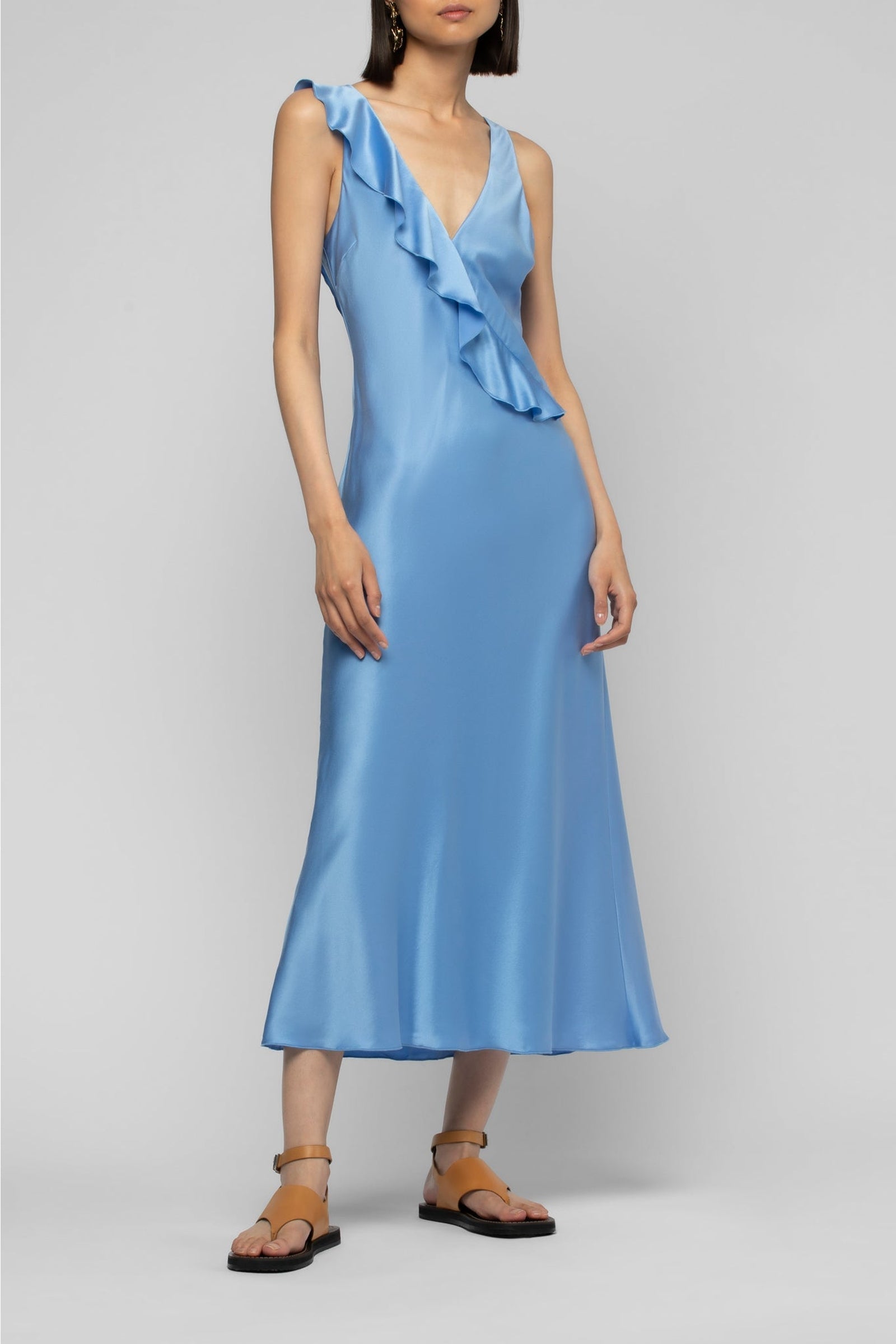 Rarthemis midi dress in silk with V-neck and ruffles - Denim