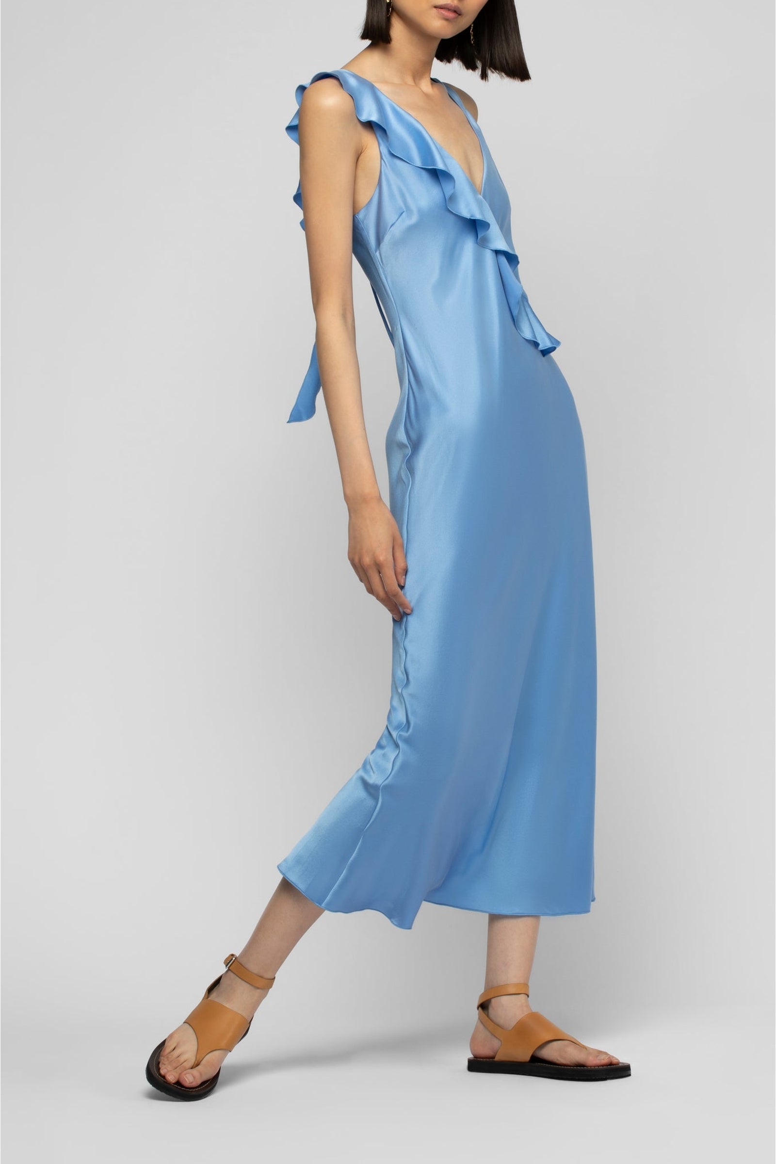 Rarthemis midi dress in silk with V-neck and ruffles - Denim