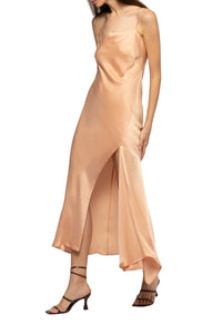 Long asymmetrical Raura dress with adjustable slit - Camel