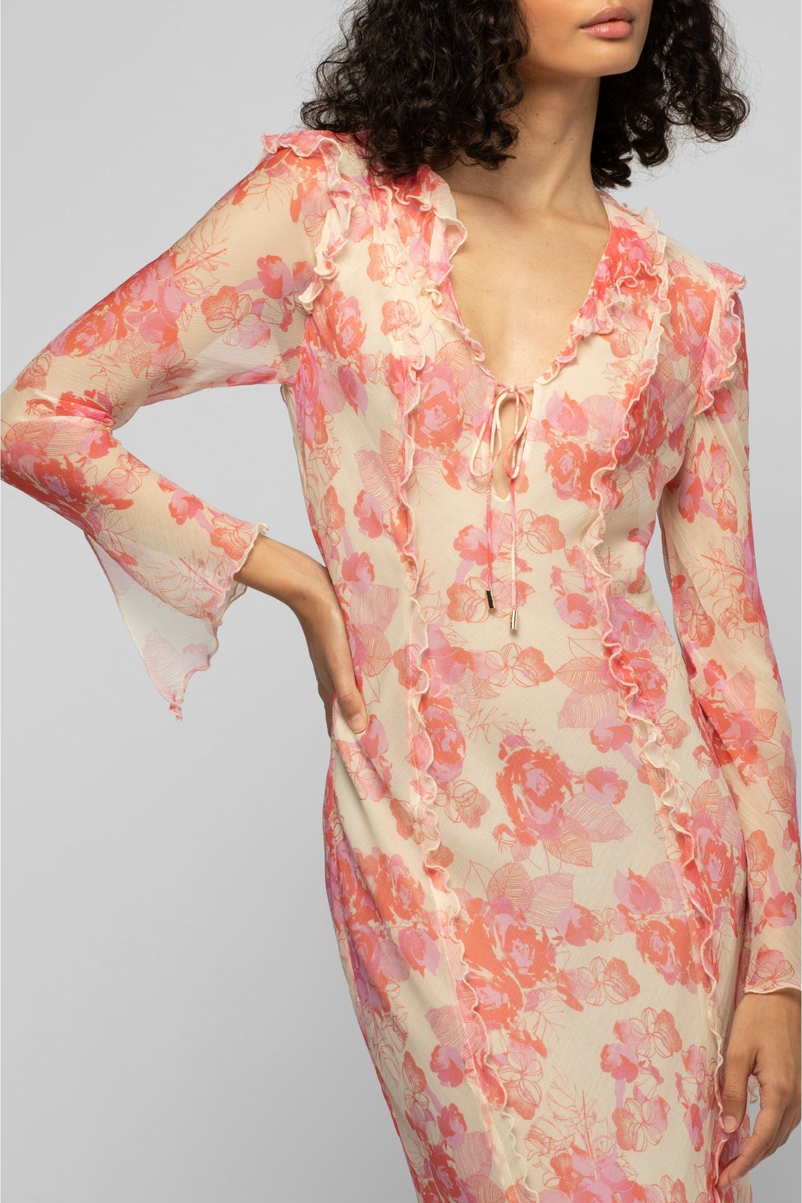 Razia floral maxi dress with ruffles - Coral