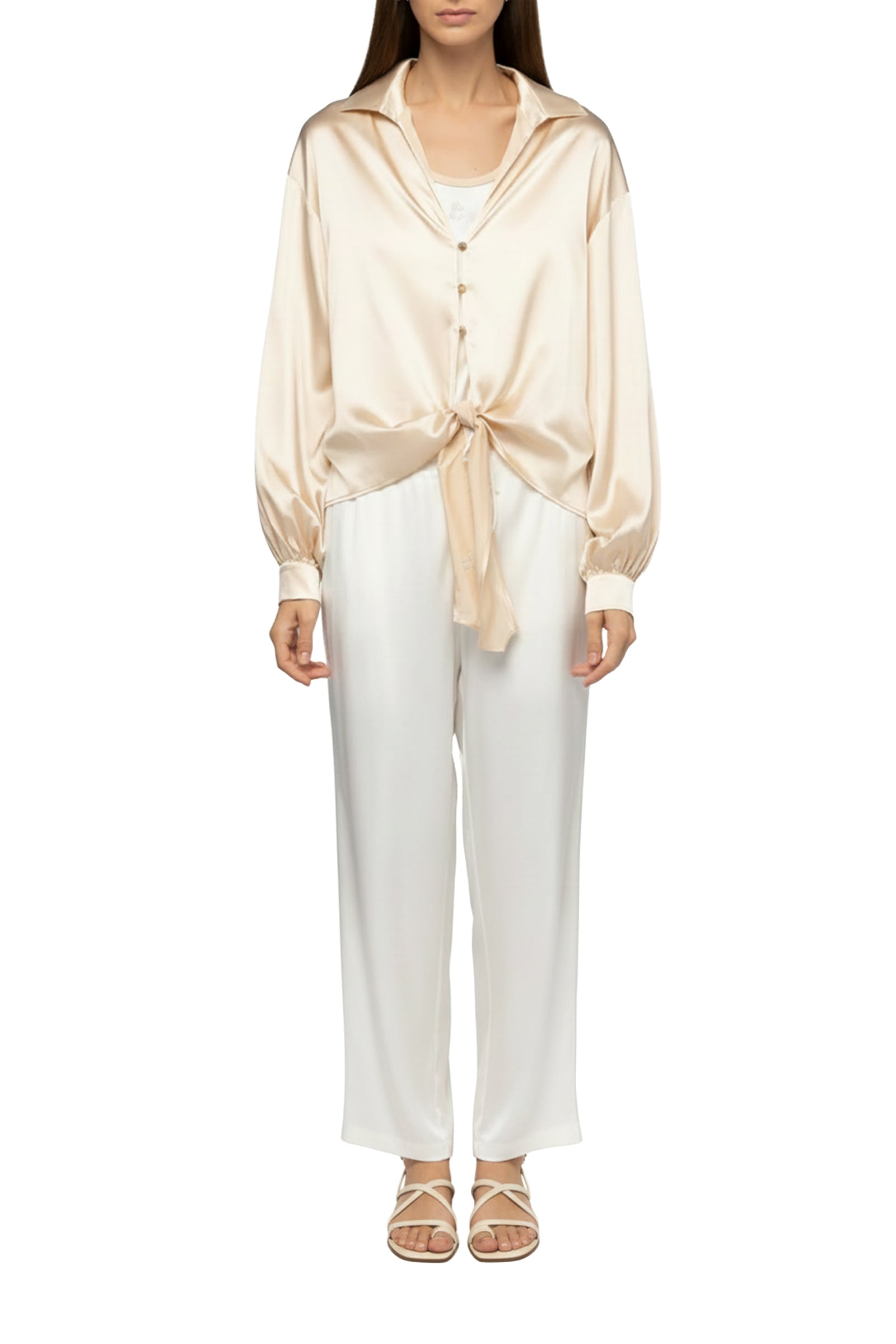 Taeva silk blouse with ties at waist - Beige