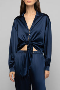 Taeva silk blouse with ties at waist - Navy