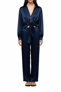 Taeva silk blouse with ties at waist - Navy