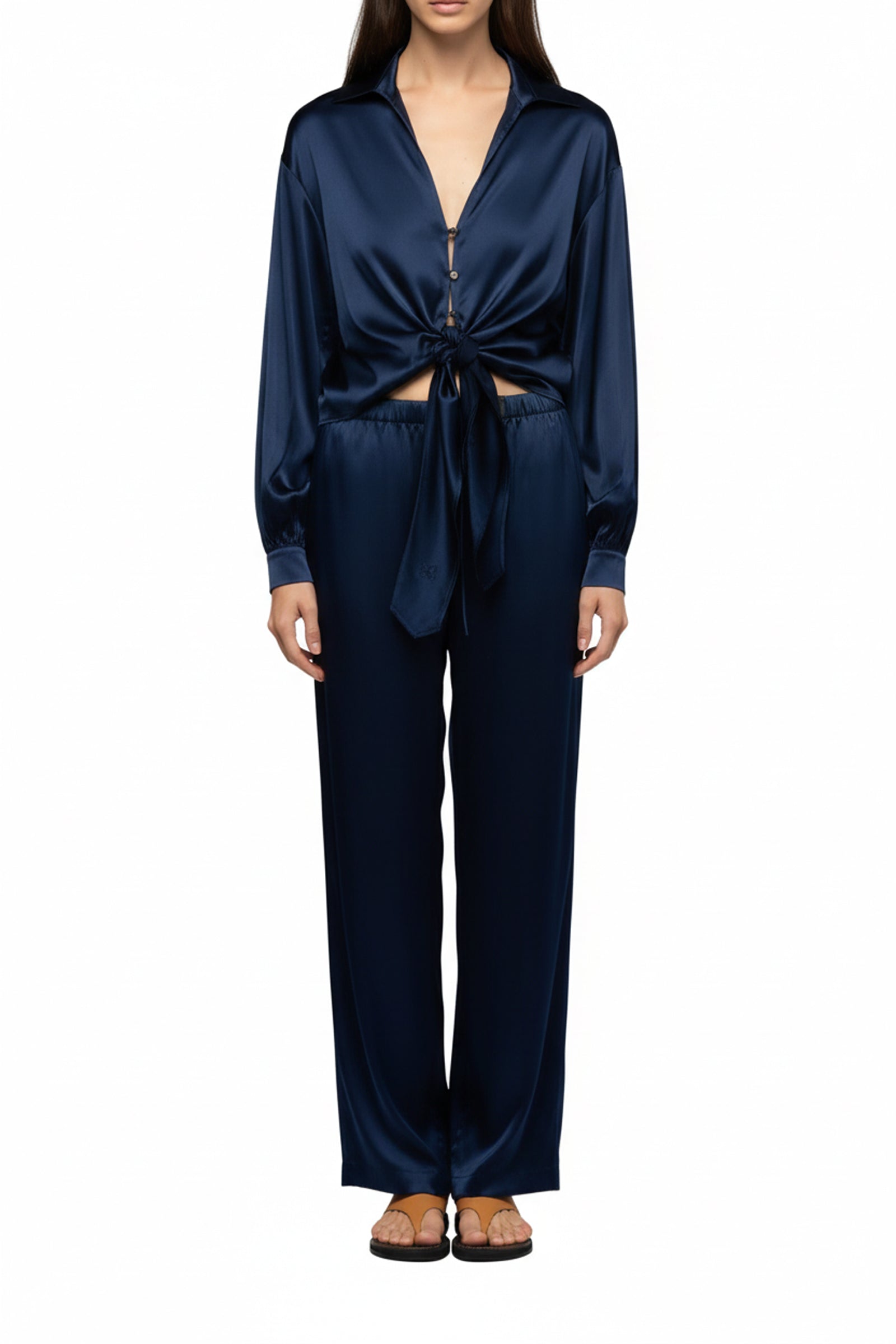 Taeva silk blouse with ties at waist - Navy