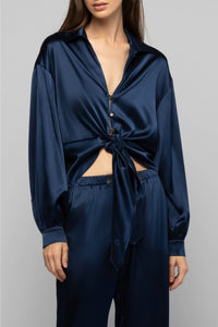 Taeva silk blouse with ties at waist - Navy