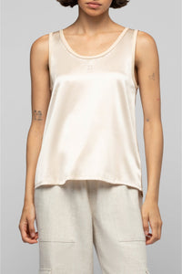 Taila silk round-neck tank top with leather details - Beige