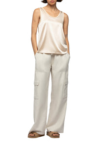 Taila silk round-neck tank top with leather details - Beige