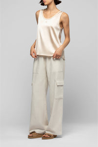 Taila silk round-neck tank top with leather details - Beige