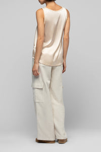 Taila silk round-neck tank top with leather details - Beige