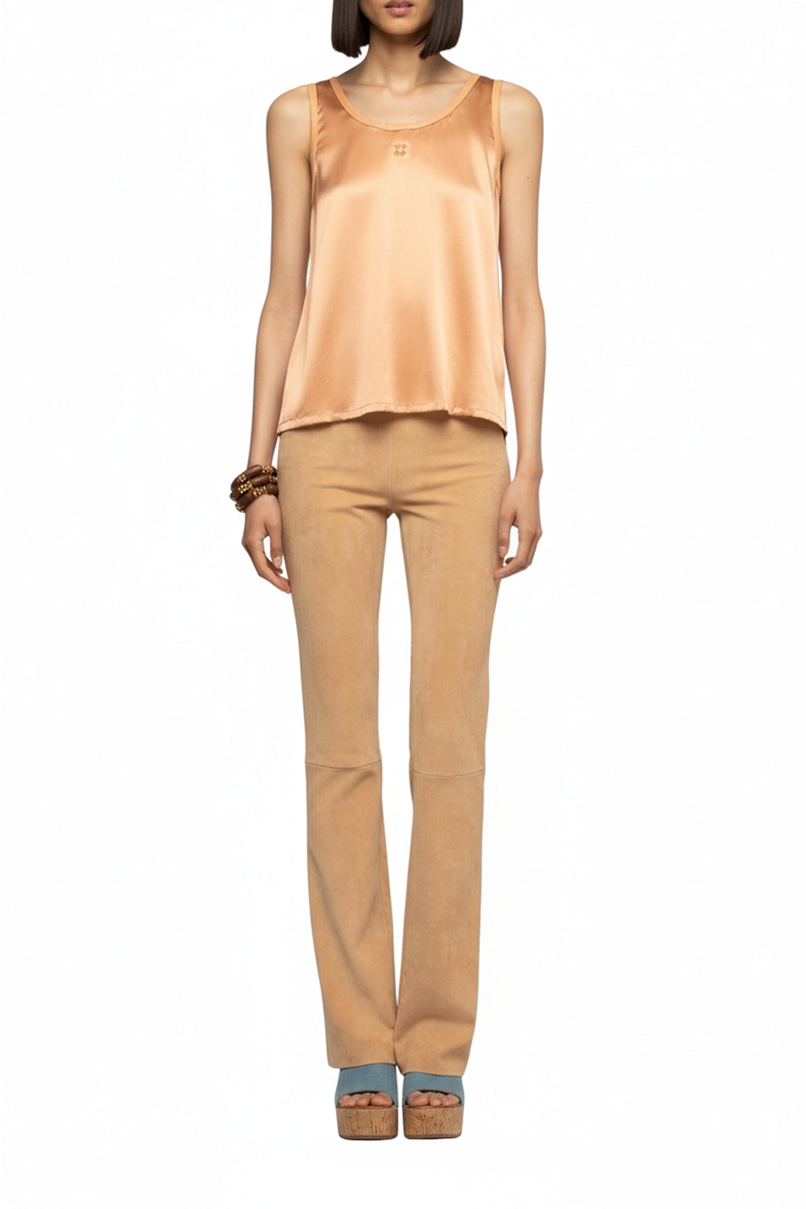 Débardeur Taila en soie à col rond avec détails en cuir - Camel