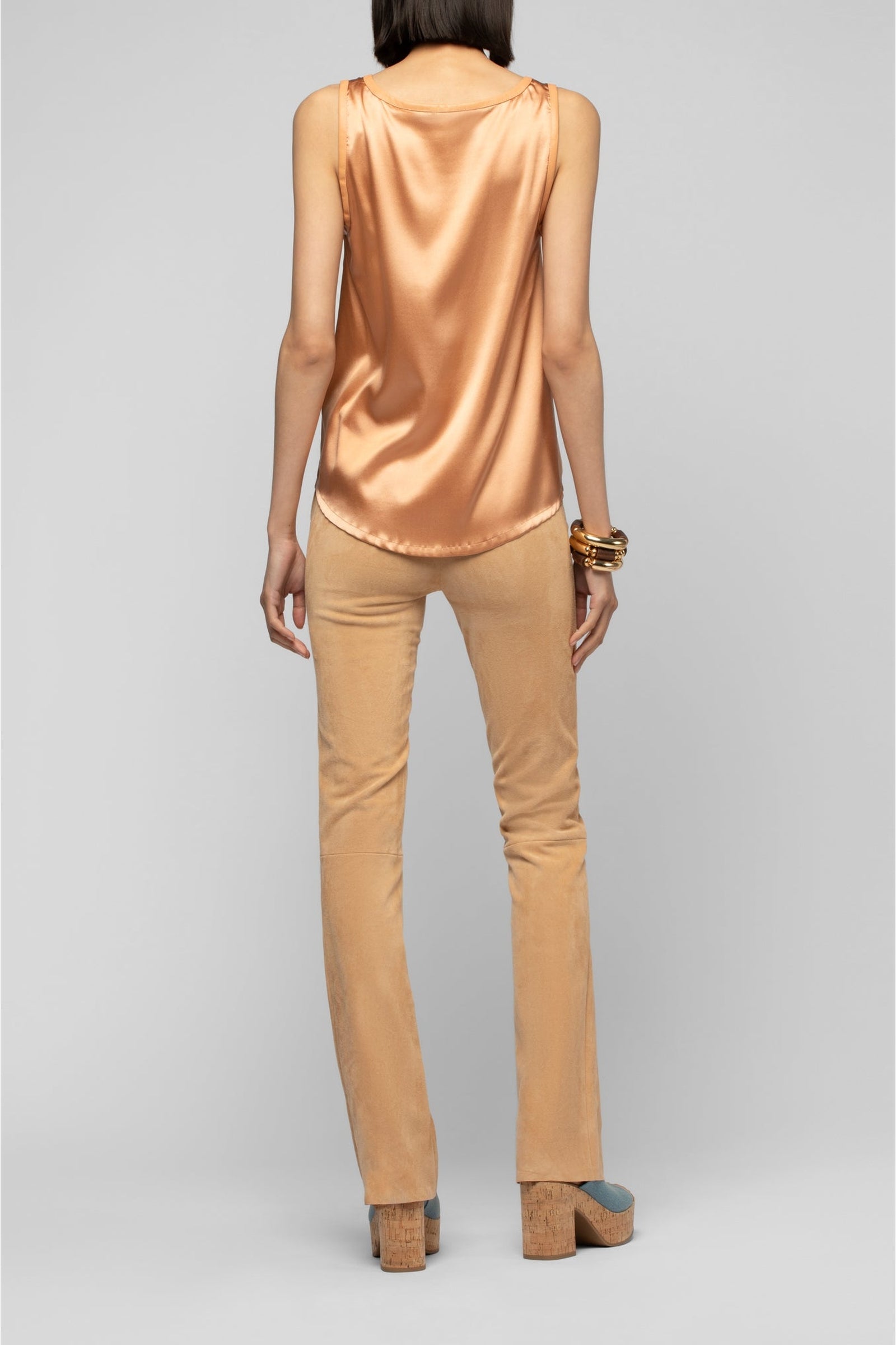 Débardeur Taila en soie à col rond avec détails en cuir - Camel