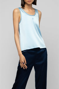 Taila silk round-neck tank top with leather details - Ciel