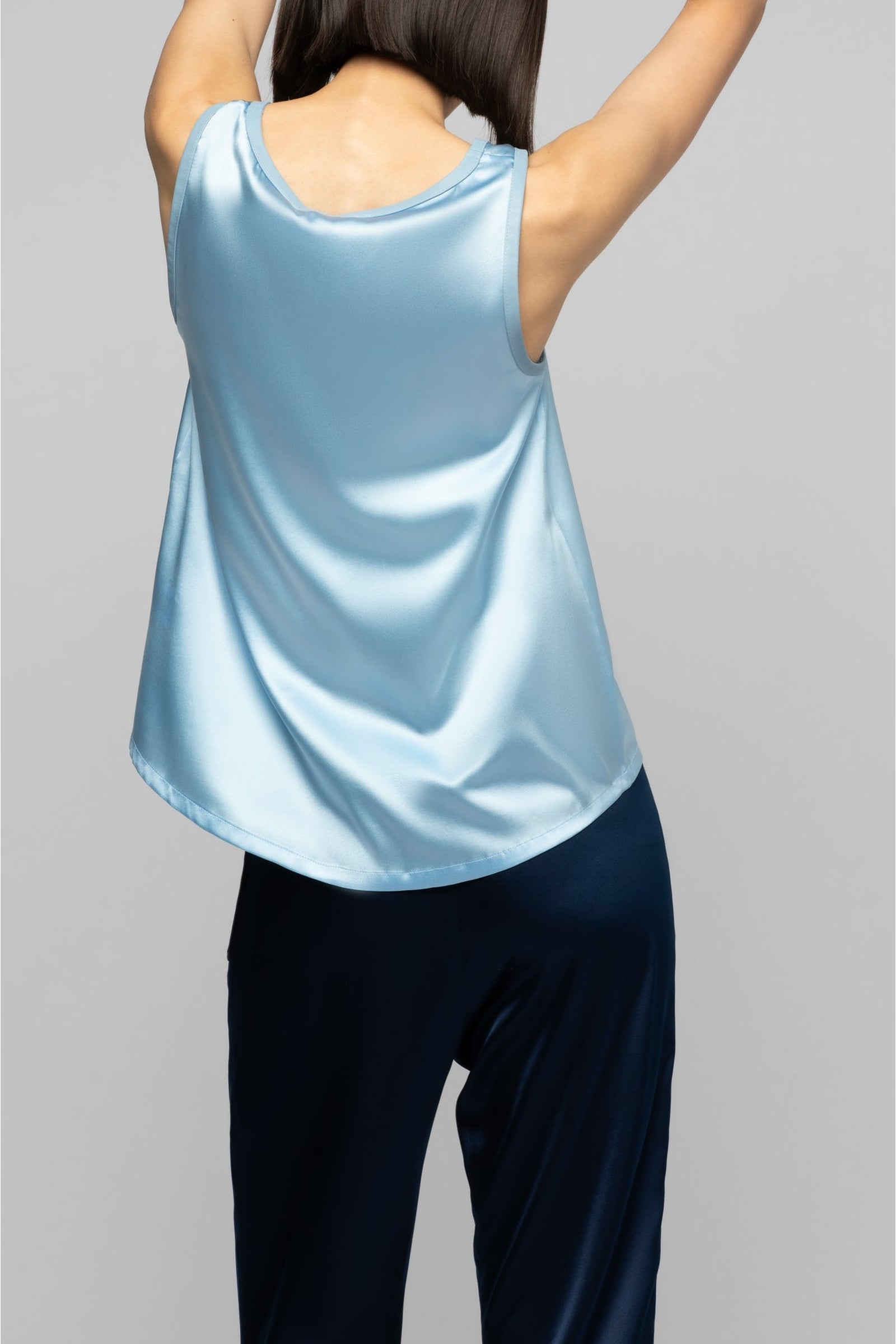 Taila silk round-neck tank top with leather details - Ciel