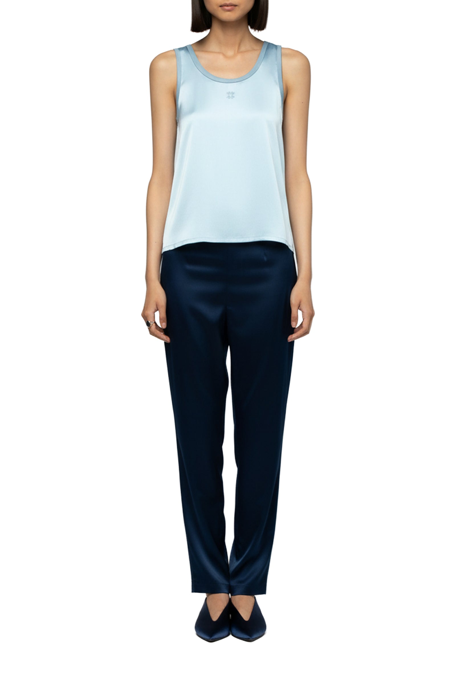 Taila silk round-neck tank top with leather details - Ciel