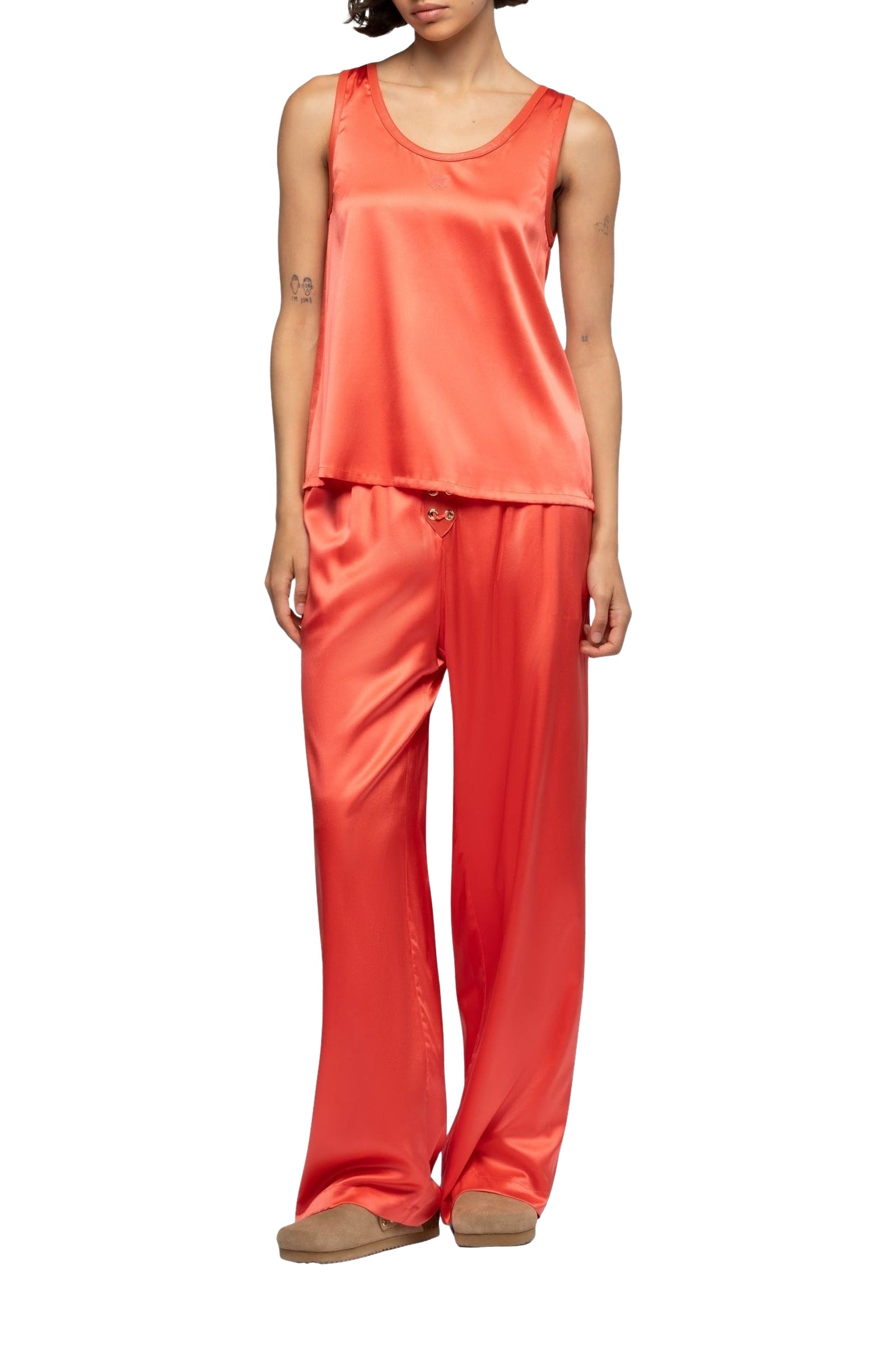 Taila silk round-neck tank top with leather details - Coral